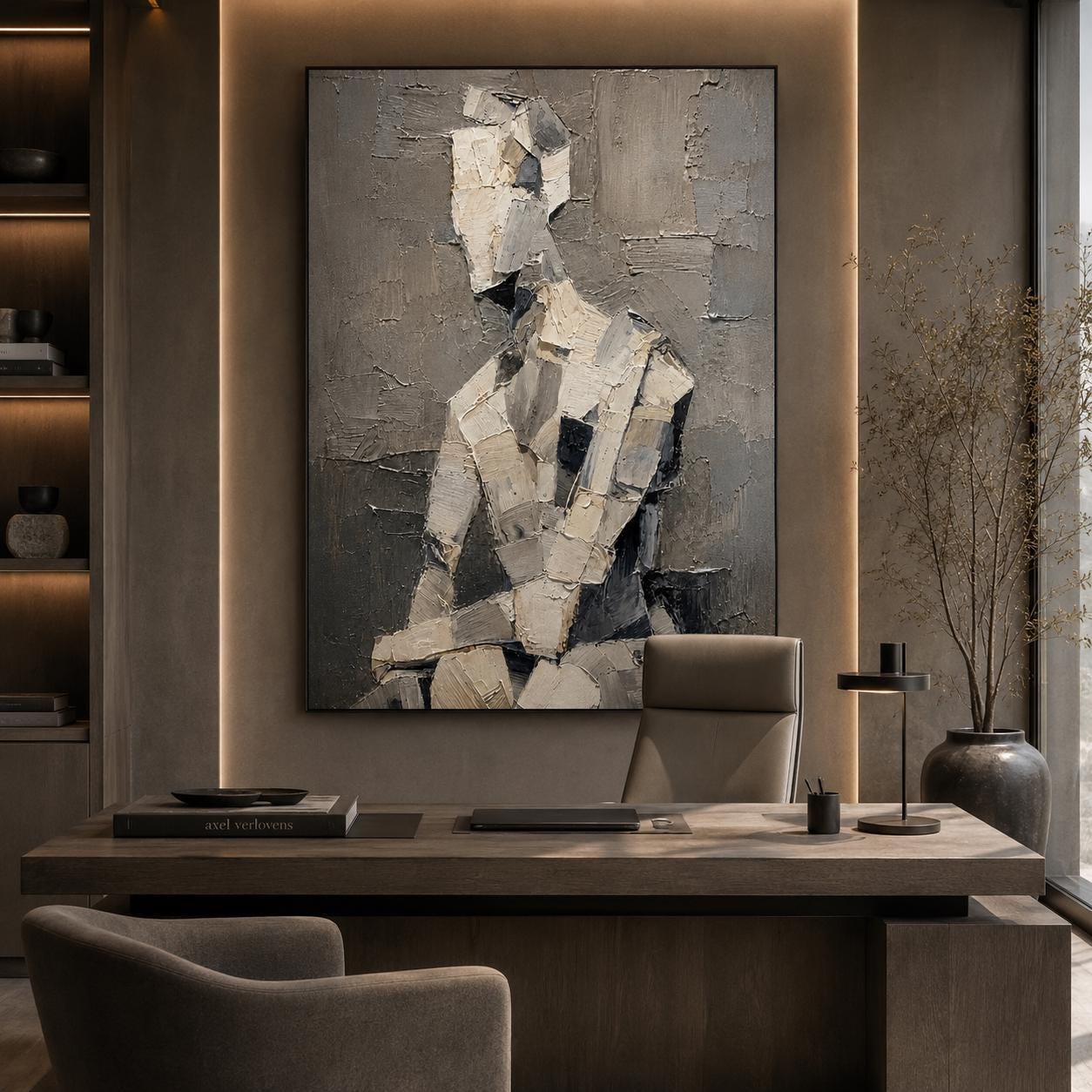 Textured Abstract Figure Painting, Neutral Sculptural Human Canvas, Beige Gray Impasto Artwork