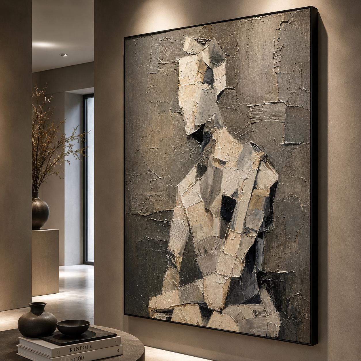 Textured Abstract Figure Painting, Neutral Sculptural Human Canvas, Beige Gray Impasto Artwork