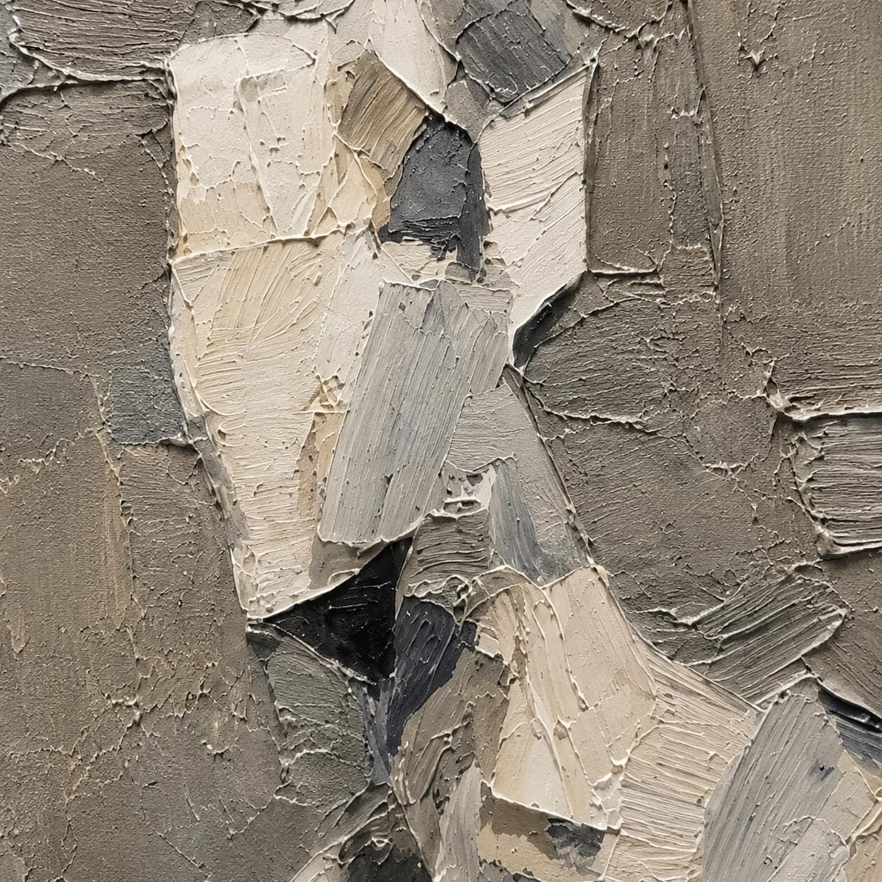 Textured Abstract Figure Painting, Neutral Sculptural Human Canvas, Beige Gray Impasto Artwork