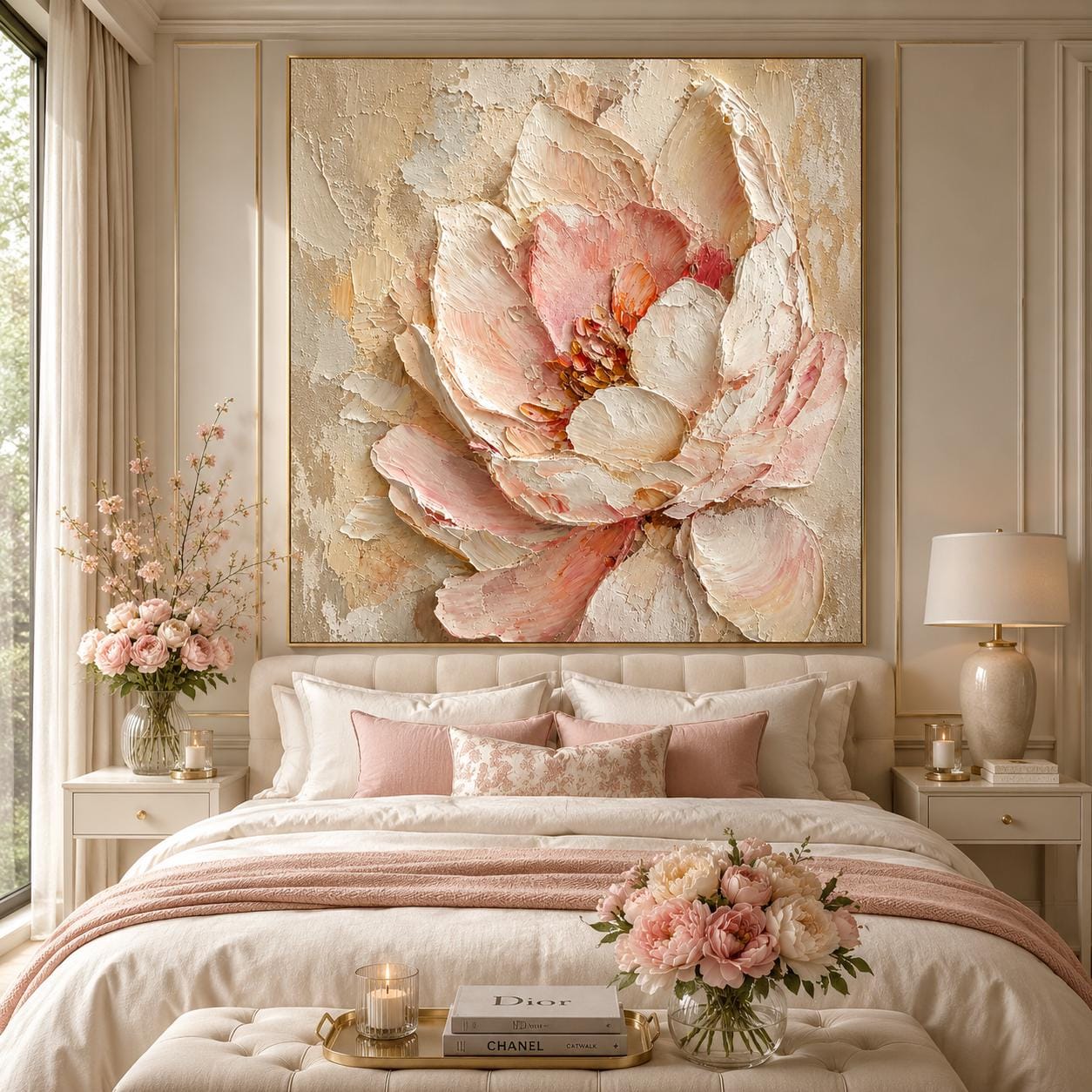 Textured Floral Wall Art, Soft Pink Abstract Painting, Neutral Botanical Canvas, Sculptural Petal Decor