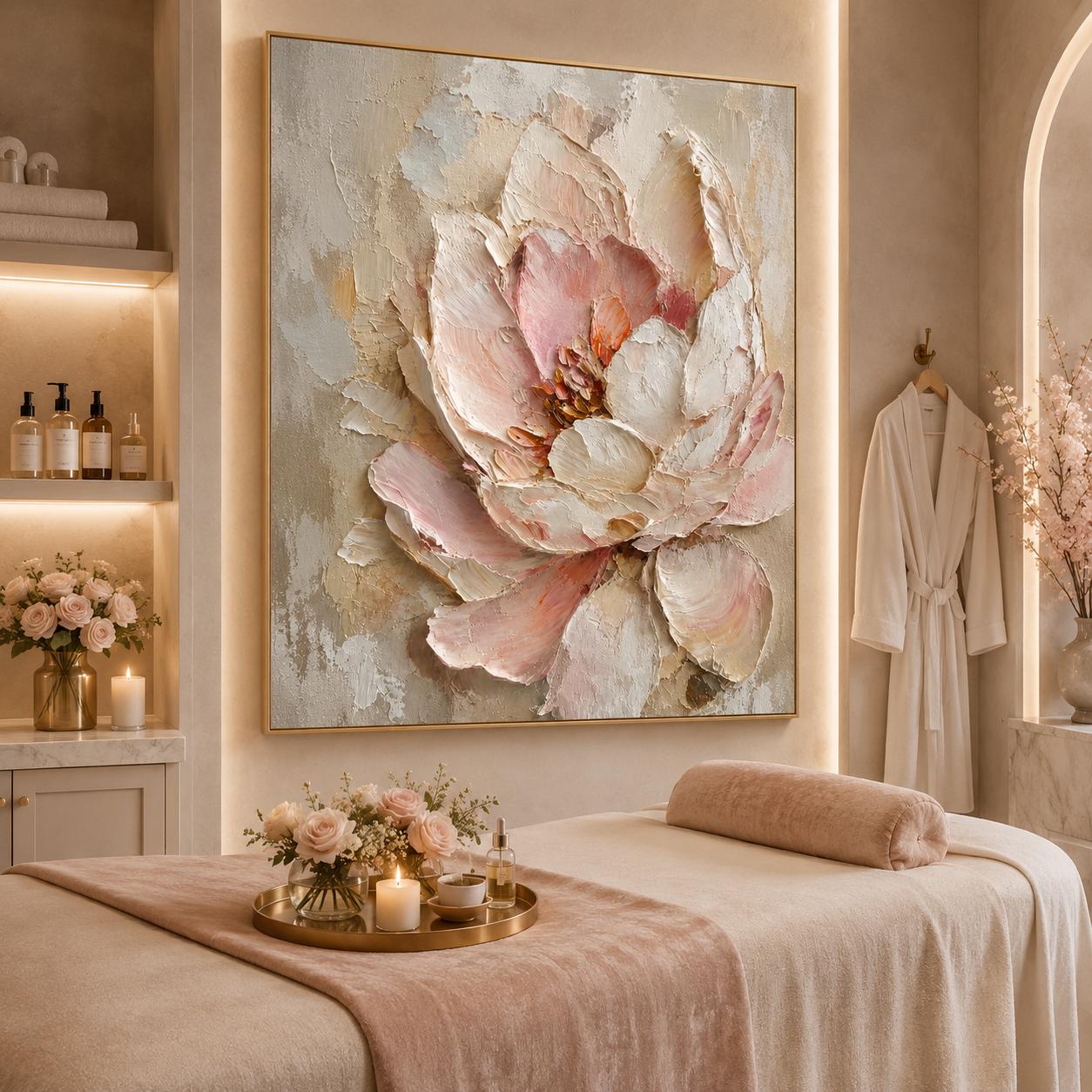 Textured Floral Wall Art, Soft Pink Abstract Painting, Neutral Botanical Canvas, Sculptural Petal Decor