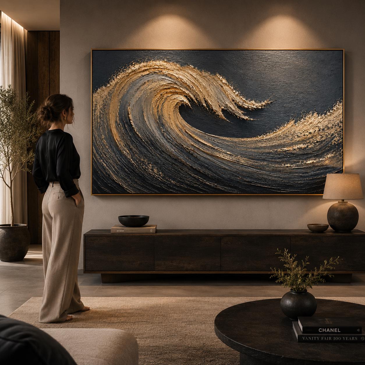 Textured Gold Wave Wall Art, Dark Ocean Abstract Painting, Metallic Coastal Canvas
