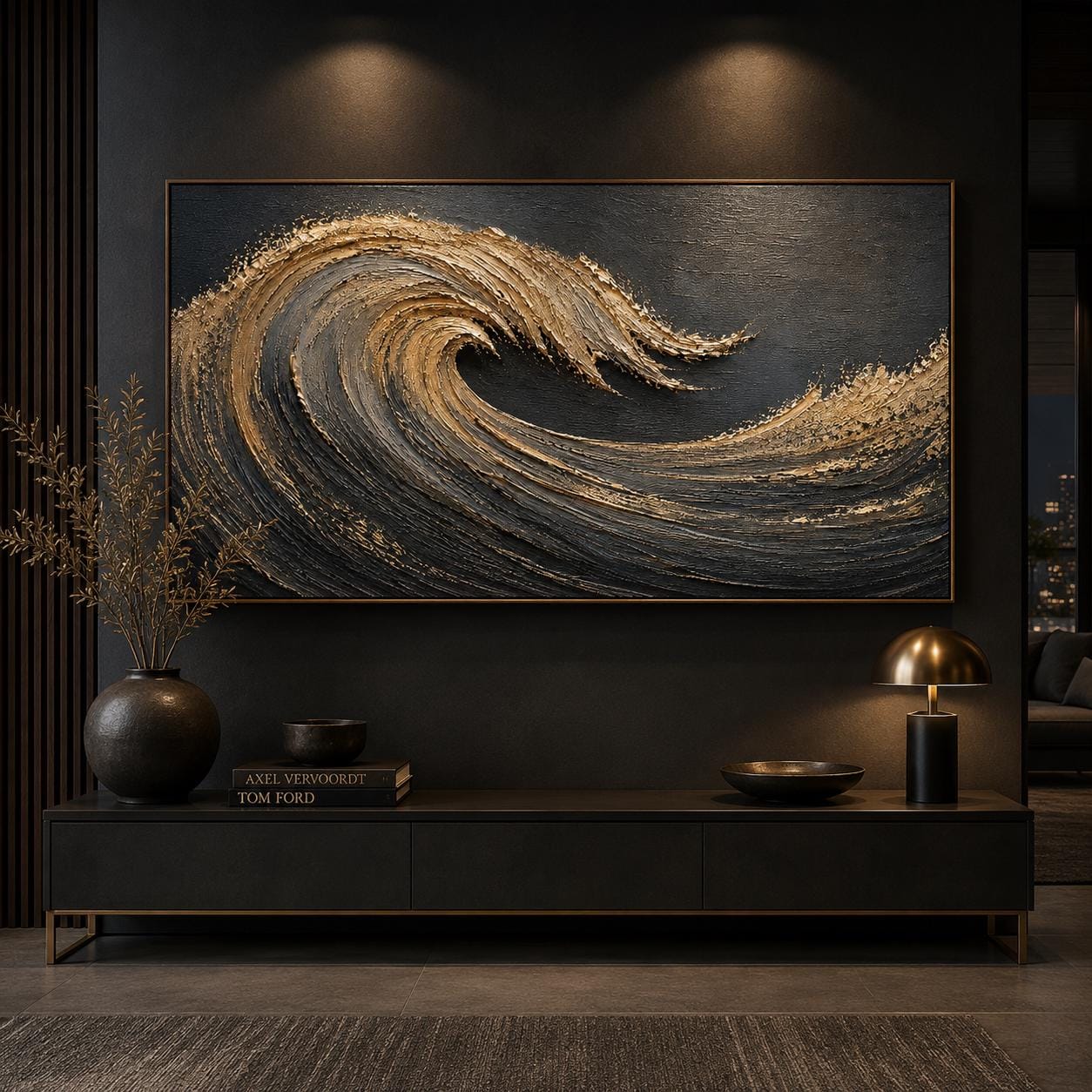 Textured Gold Wave Wall Art, Dark Ocean Abstract Painting, Metallic Coastal Canvas