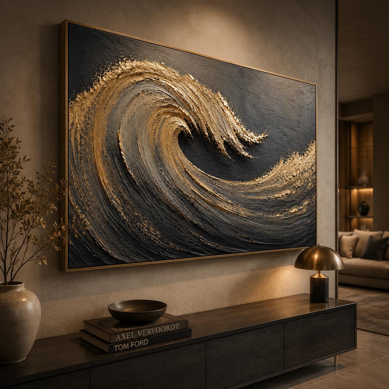 Textured Gold Wave Wall Art, Dark Ocean Abstract Painting, Metallic Coastal Canvas