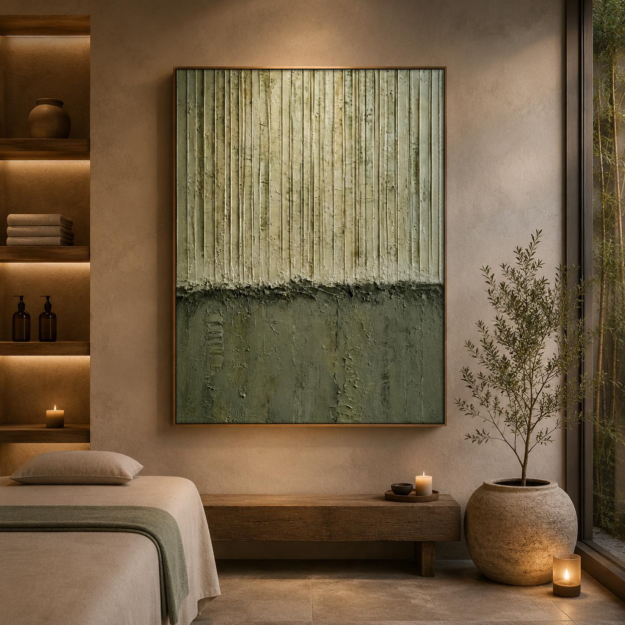 Sage Green Textured Plaster Art, Minimalist Vertical Abstract Painting, Organic Relief Canvas