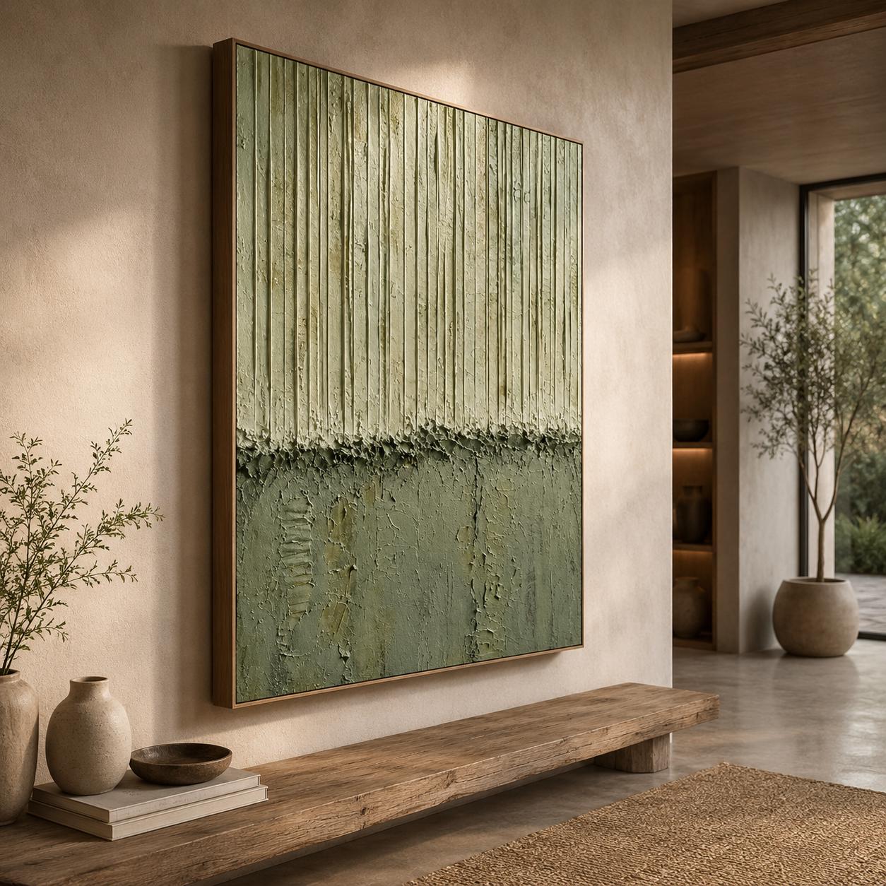 Sage Green Textured Plaster Art, Minimalist Vertical Abstract Painting, Organic Relief Canvas