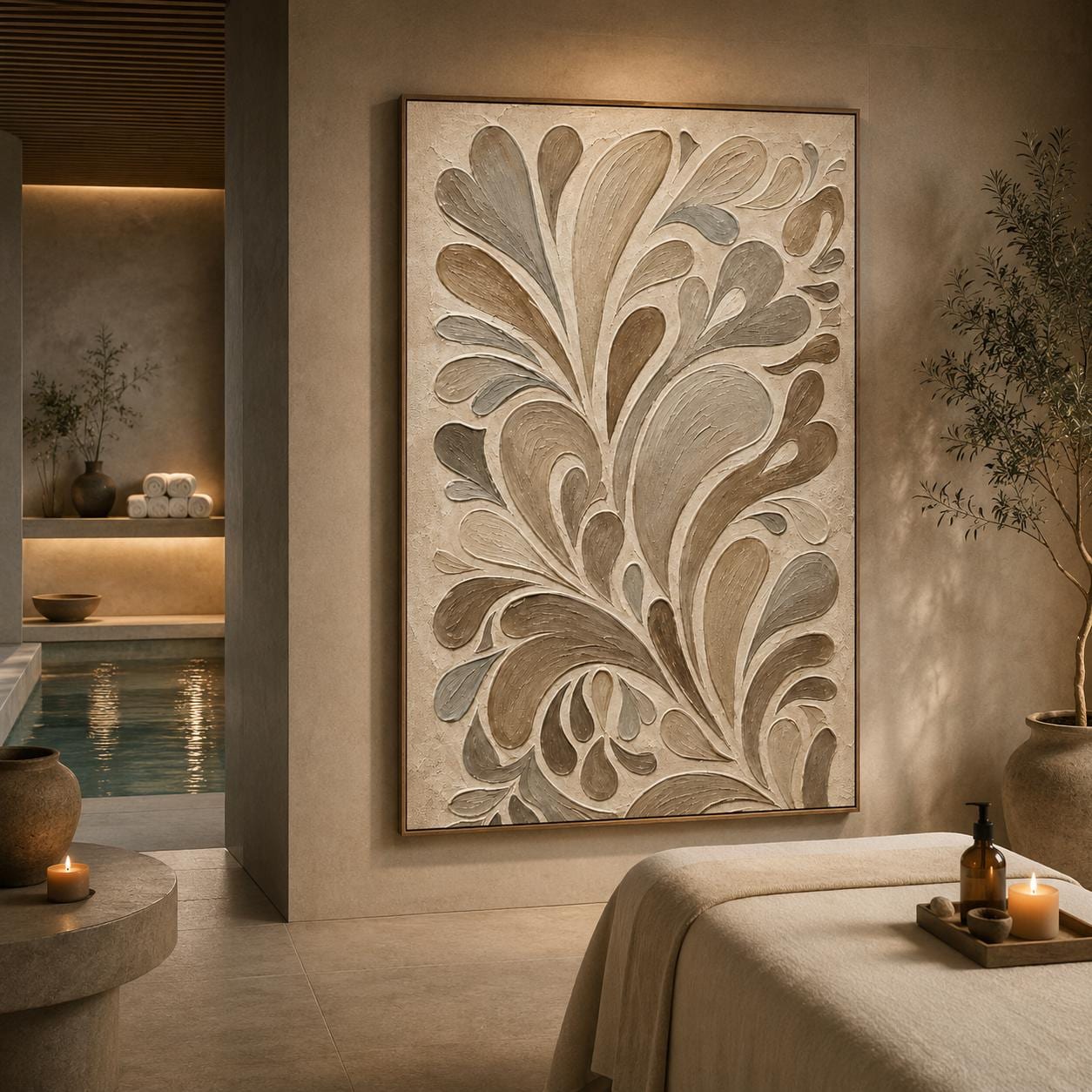 Textured Botanical Abstract Wall Art, Neutral Beige Taupe Relief Painting