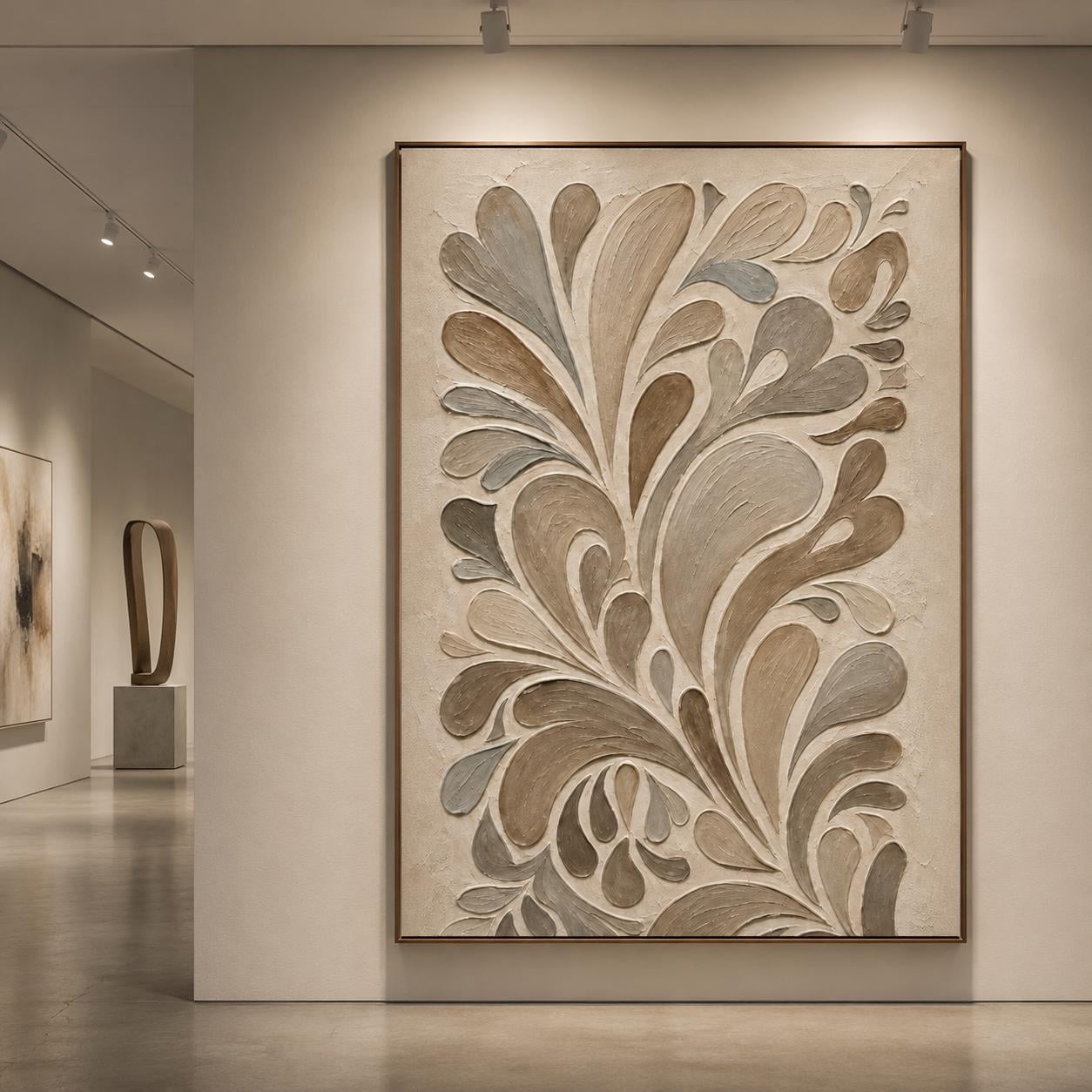 Textured Botanical Abstract Wall Art, Neutral Beige Taupe Relief Painting