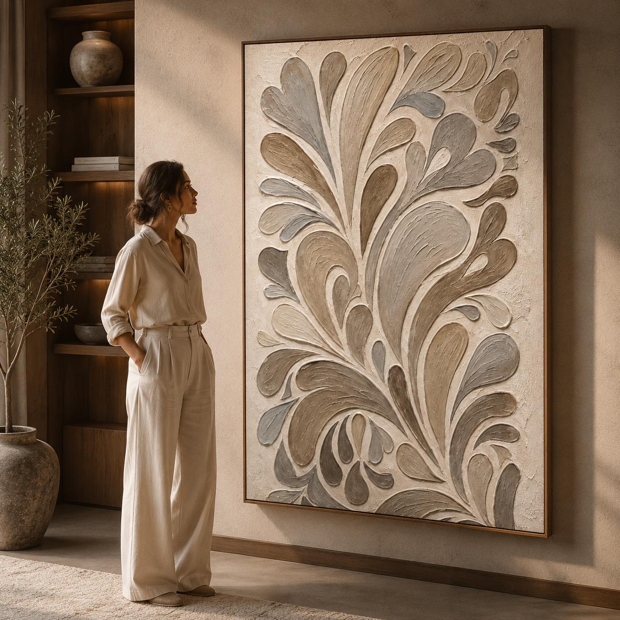 Textured Botanical Abstract Wall Art, Neutral Beige Taupe Relief Painting