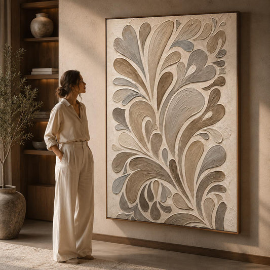 Textured Botanical Abstract Wall Art, Neutral Beige Taupe Relief Painting