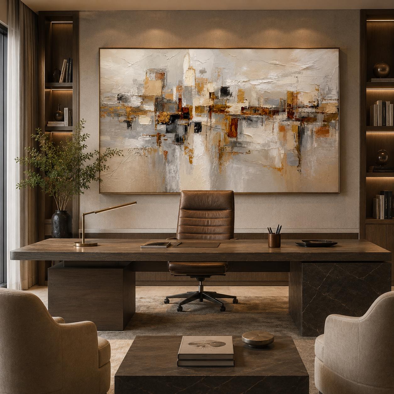 Textured Botanical Abstract Wall Art, Neutral Beige Taupe Relief Painting