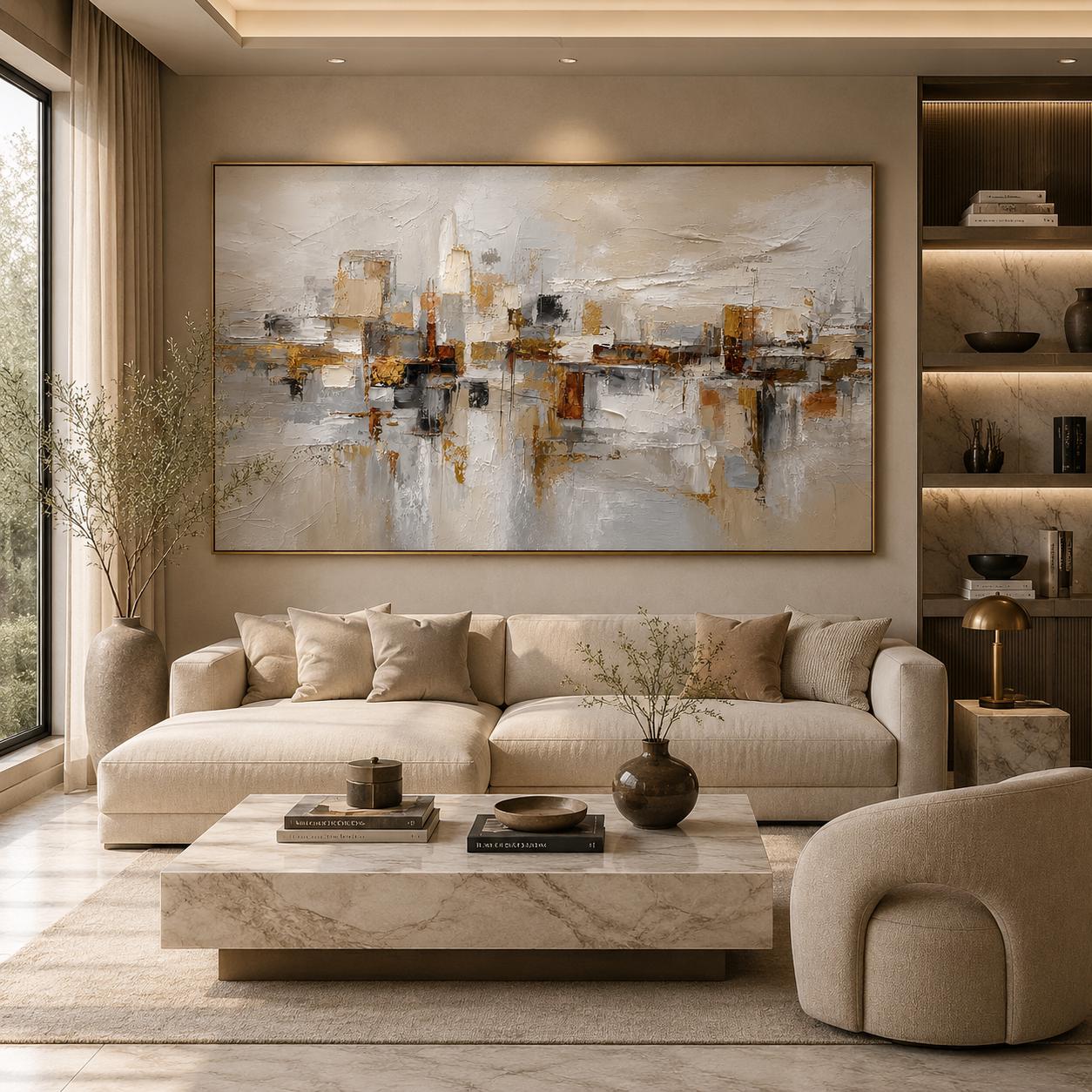 Textured Botanical Abstract Wall Art, Neutral Beige Taupe Relief Painting