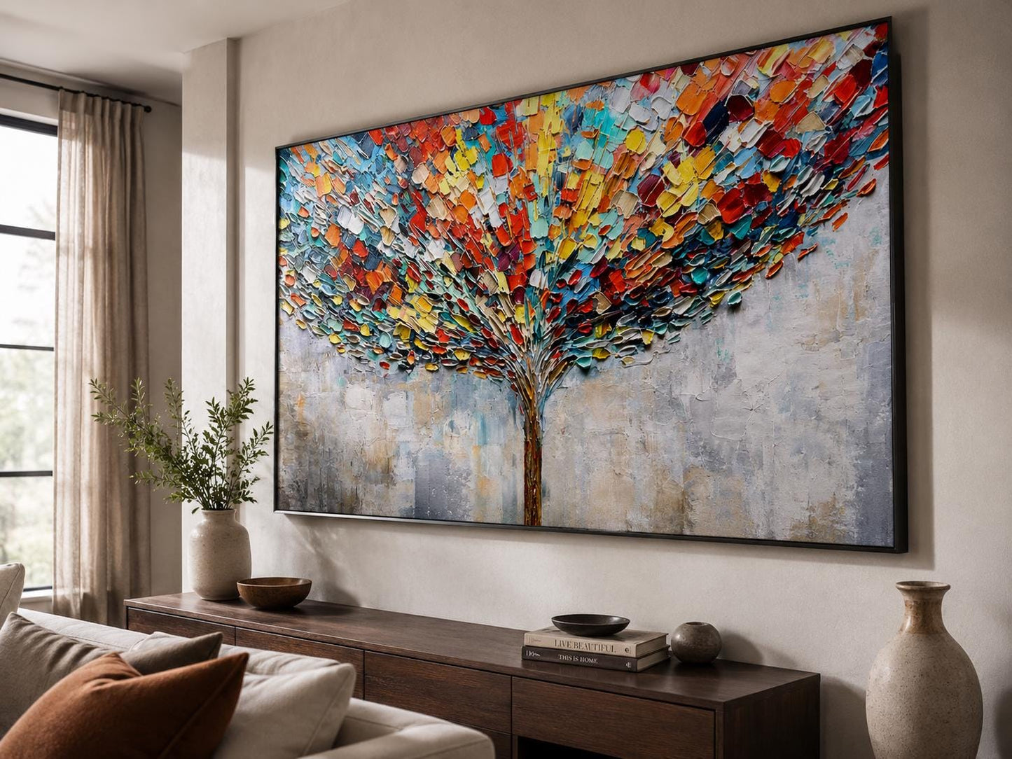 Colorful Abstract Tree Painting, Textured Palette Knife Wall Art, Modern Living Room Decor