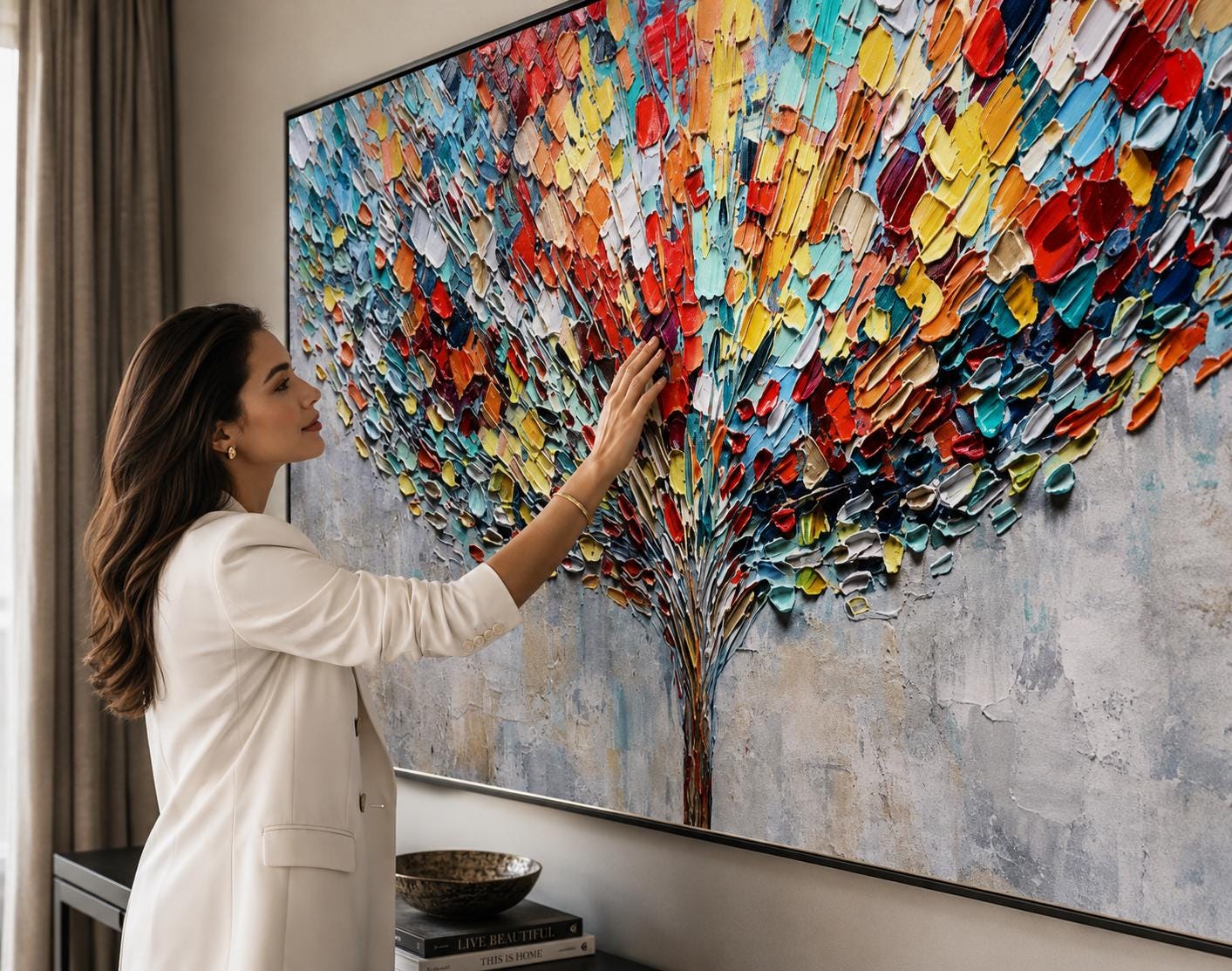 Colorful Abstract Tree Painting, Textured Palette Knife Wall Art, Modern Living Room Decor