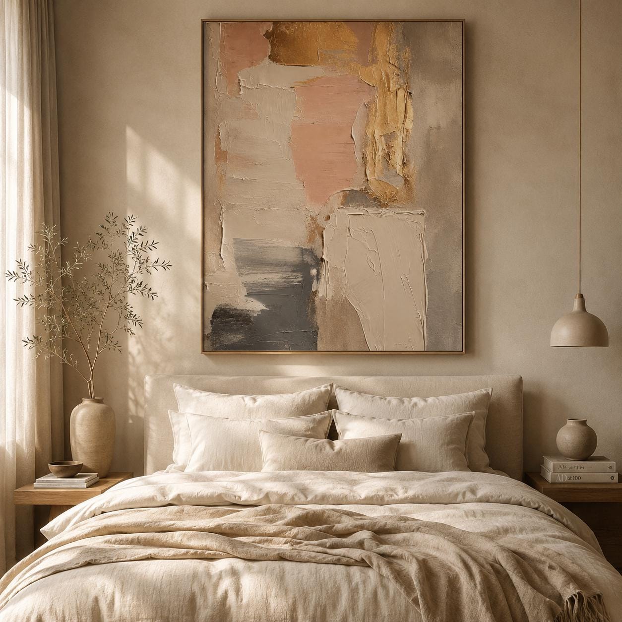 Neutral Textured Abstract Wall Art, Modern Beige & Gold Canvas Painting, Contemporary Minimalist Decor