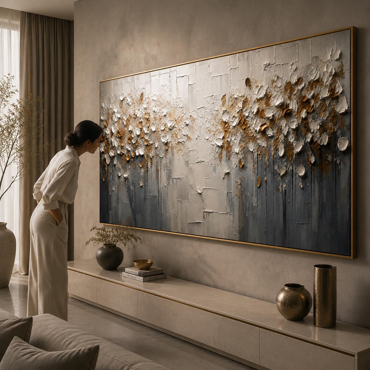 Textured Floral Abstract Wall Art, Modern Gold & White Canvas Painting, Contemporary Horizontal Minimalist Decor