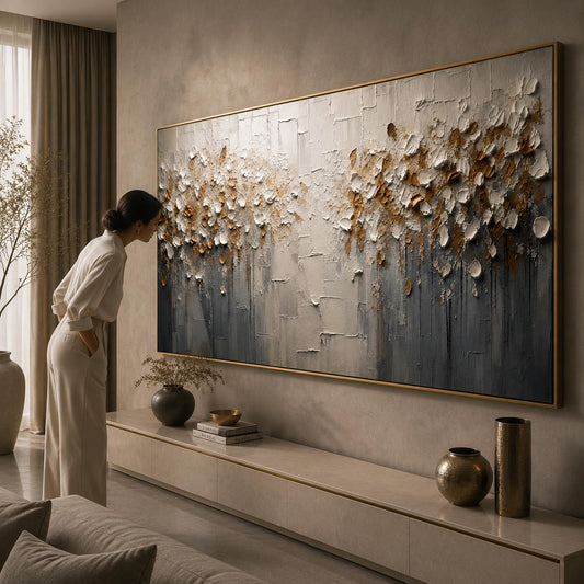 Textured Floral Abstract Wall Art, Modern Gold & White Canvas Painting, Contemporary Horizontal Minimalist Decor