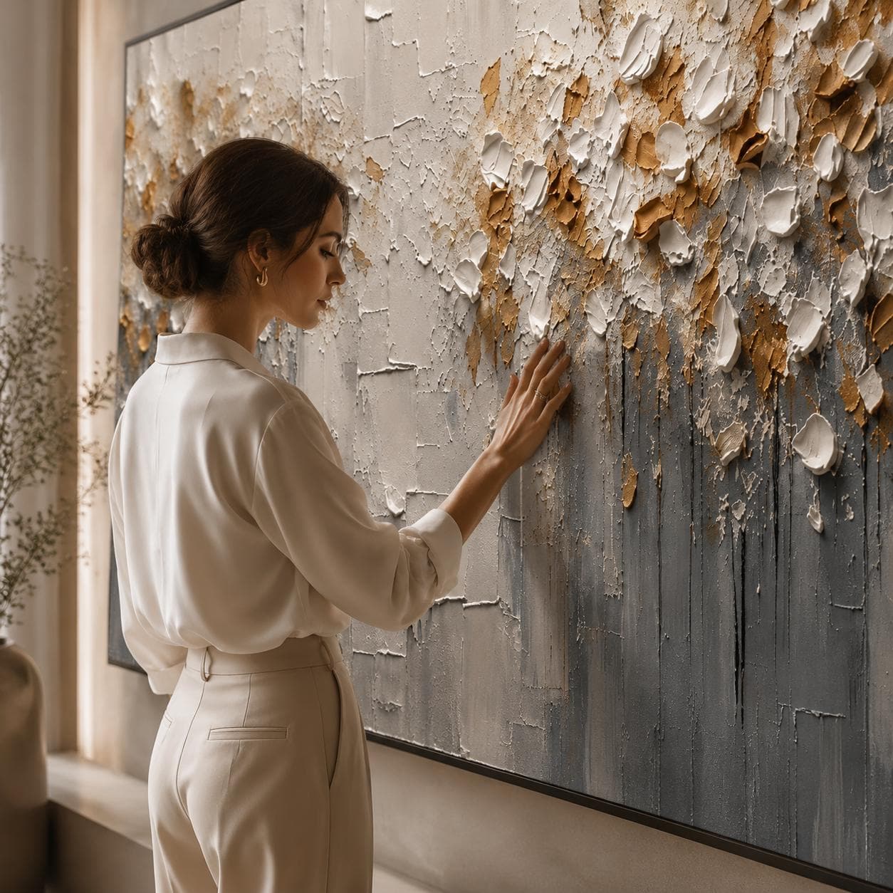 Textured Floral Abstract Wall Art, Modern Gold & White Canvas Painting, Contemporary Horizontal Minimalist Decor