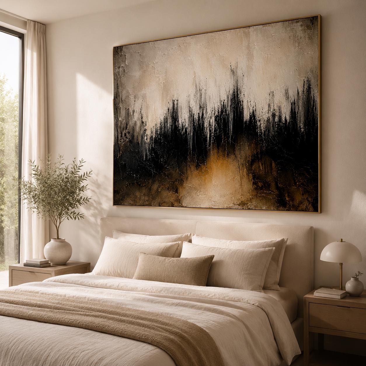 Neutral Textured Abstract Wall Art, Modern Black & Beige Canvas Painting, Vertical Contemporary Minimalist Decor