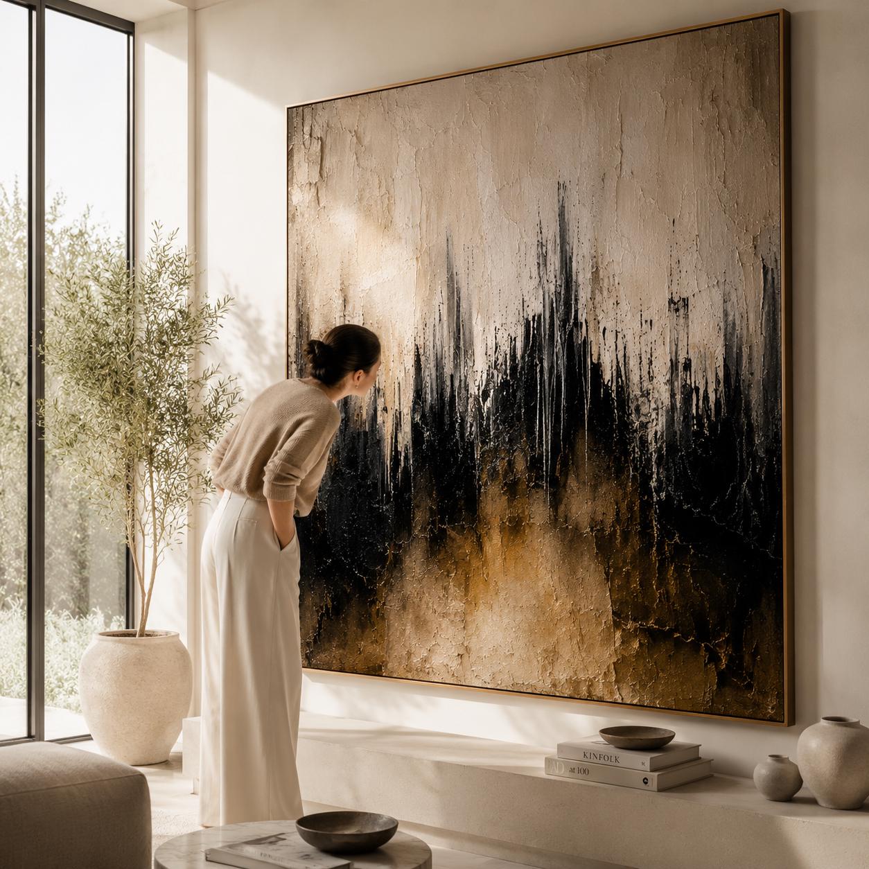 Neutral Textured Abstract Wall Art, Modern Black & Beige Canvas Painting, Vertical Contemporary Minimalist Decor