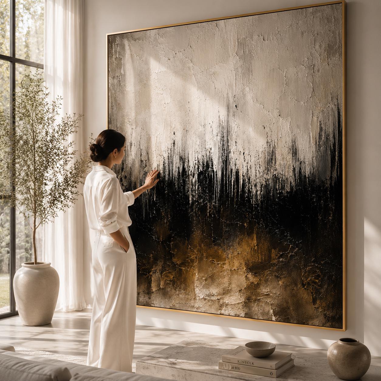 Neutral Textured Abstract Wall Art, Modern Black & Beige Canvas Painting, Vertical Contemporary Minimalist Decor