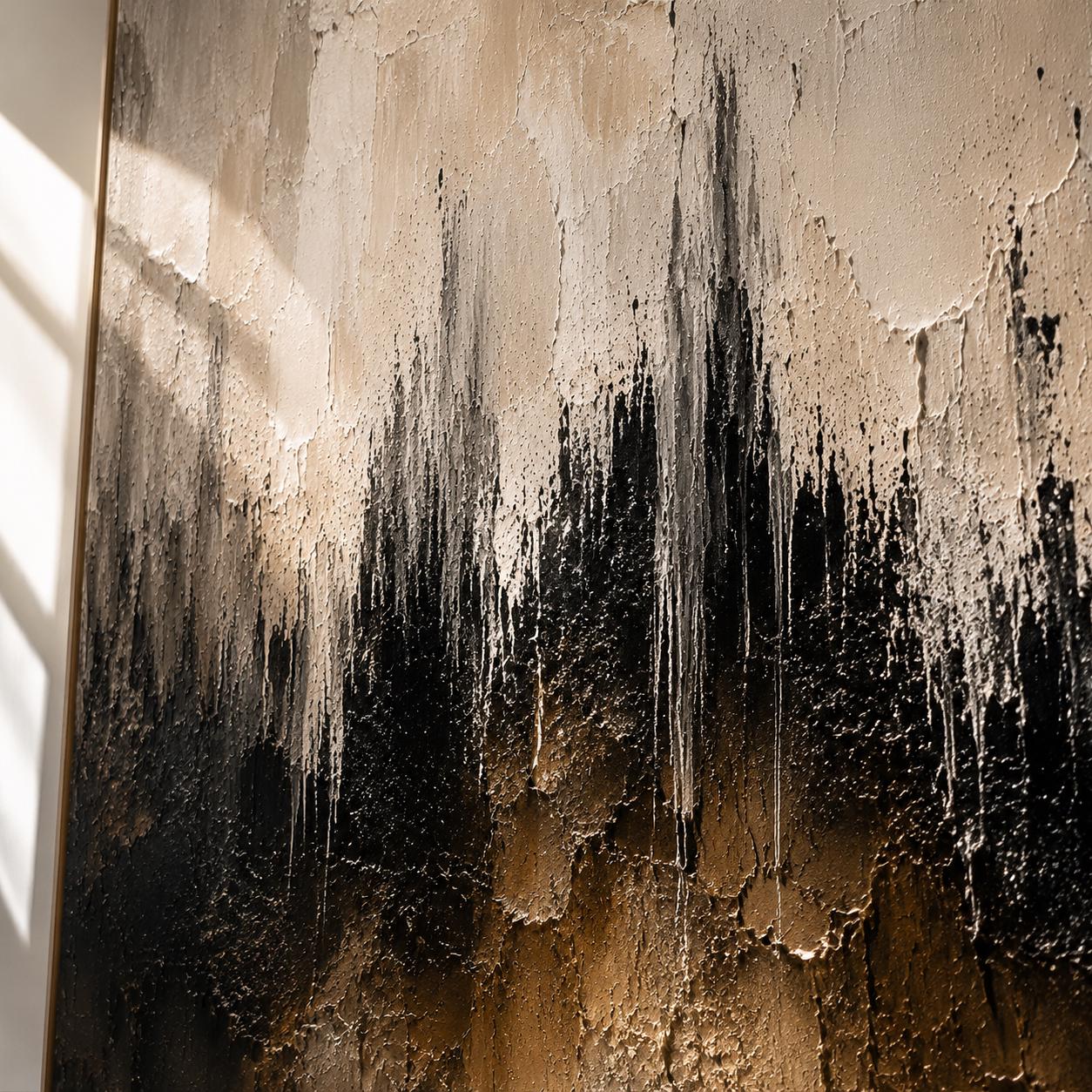 Neutral Textured Abstract Wall Art, Modern Black & Beige Canvas Painting, Vertical Contemporary Minimalist Decor