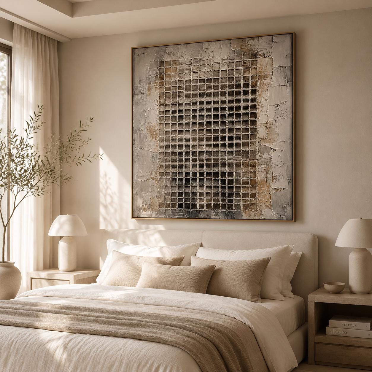 Textured Grid Abstract Wall Art, Modern Neutral Canvas Painting, Vertical Minimalist Artwork