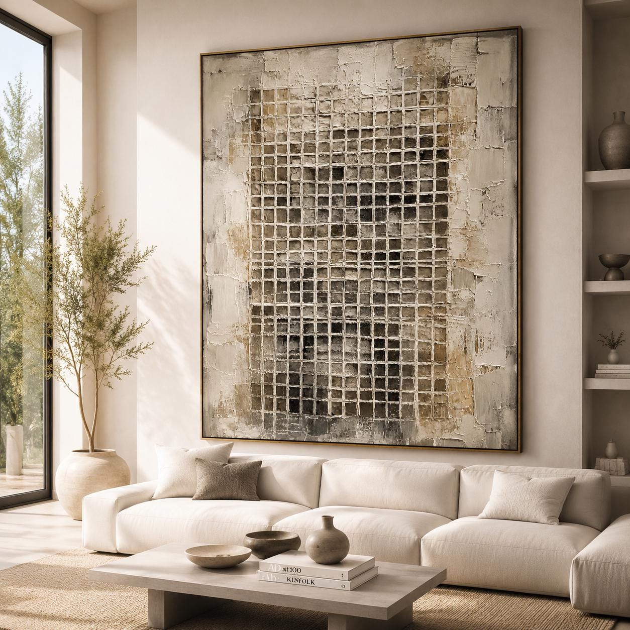 Textured Grid Abstract Wall Art, Modern Neutral Canvas Painting, Vertical Minimalist Artwork