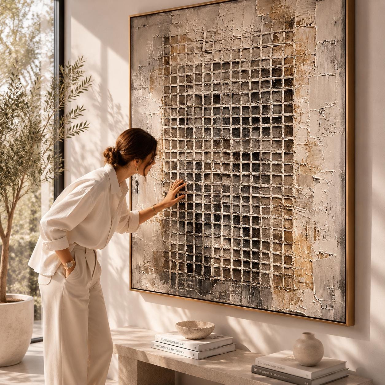 Textured Grid Abstract Wall Art, Modern Neutral Canvas Painting, Vertical Minimalist Artwork