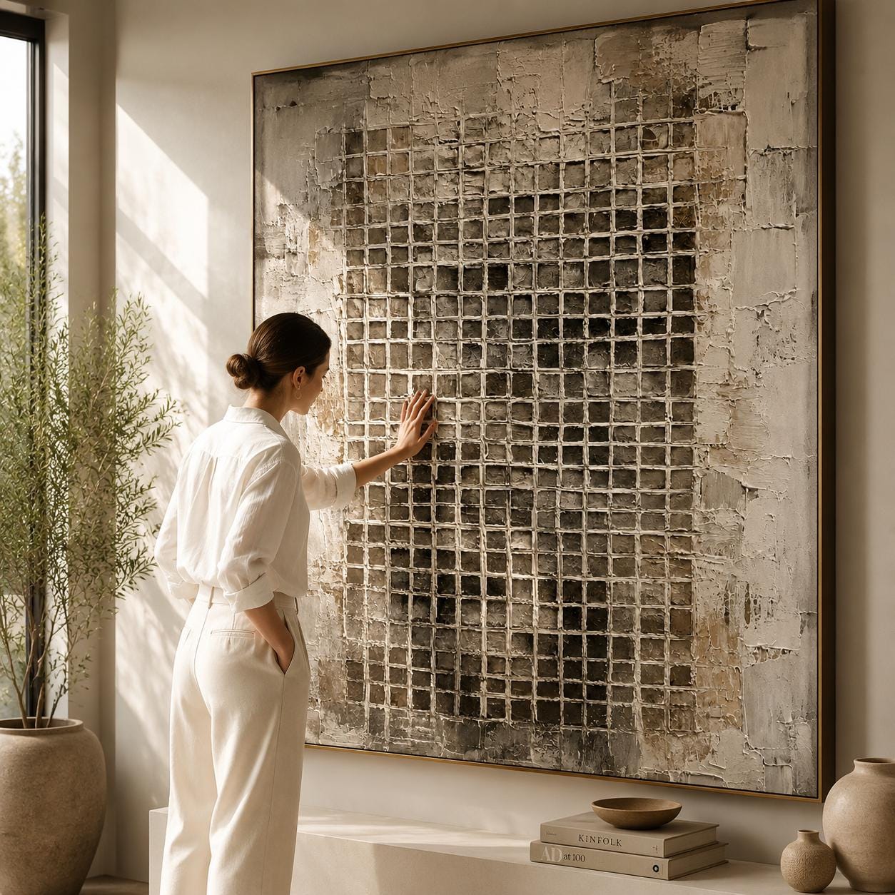 Textured Grid Abstract Wall Art, Modern Neutral Canvas Painting, Vertical Minimalist Artwork