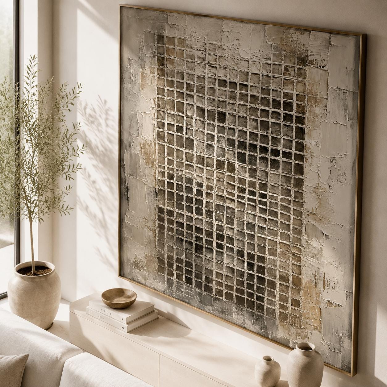 Textured Grid Abstract Wall Art, Modern Neutral Canvas Painting, Vertical Minimalist Artwork