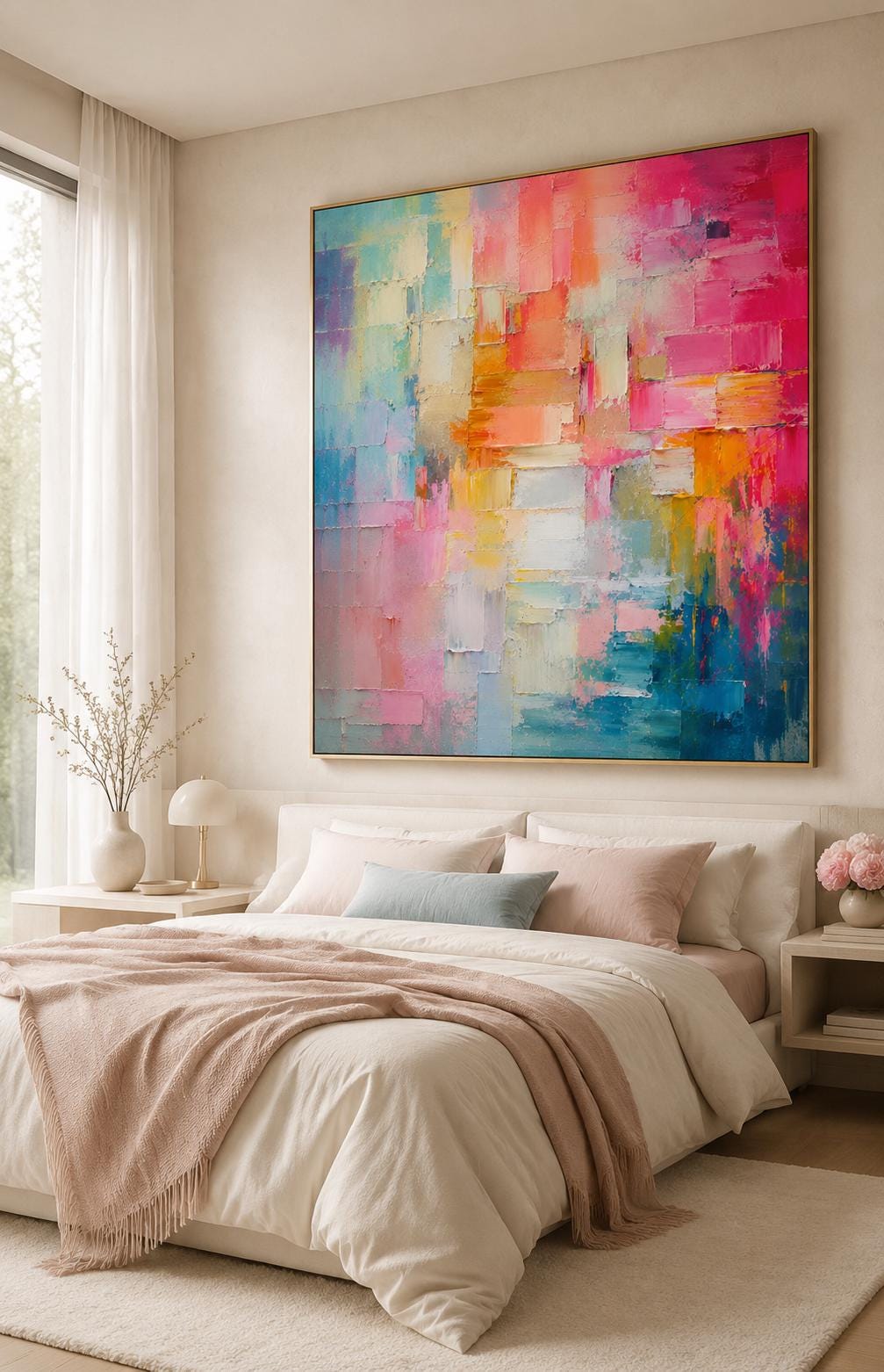Colorful Abstract Wall Art, Modern Palette Knife Canvas Painting, Vertical Contemporary Artwork