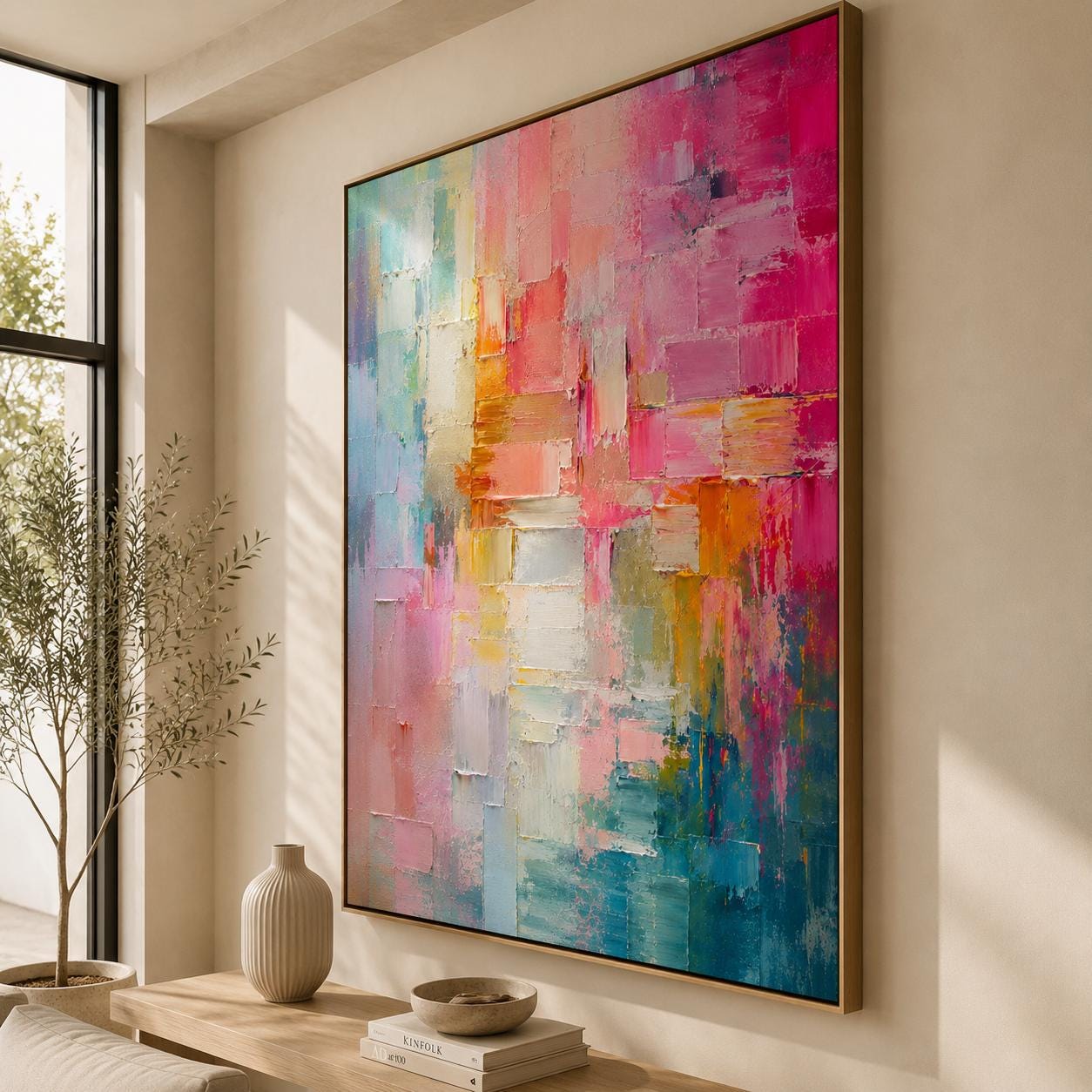 Colorful Abstract Wall Art, Modern Palette Knife Canvas Painting, Vertical Contemporary Artwork