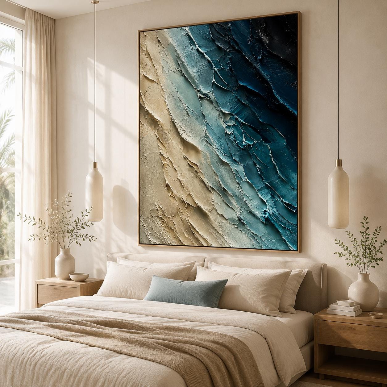 Textured Abstract Wall Art, Modern Blue & Beige Canvas Painting, Vertical Palette Knife Artwork