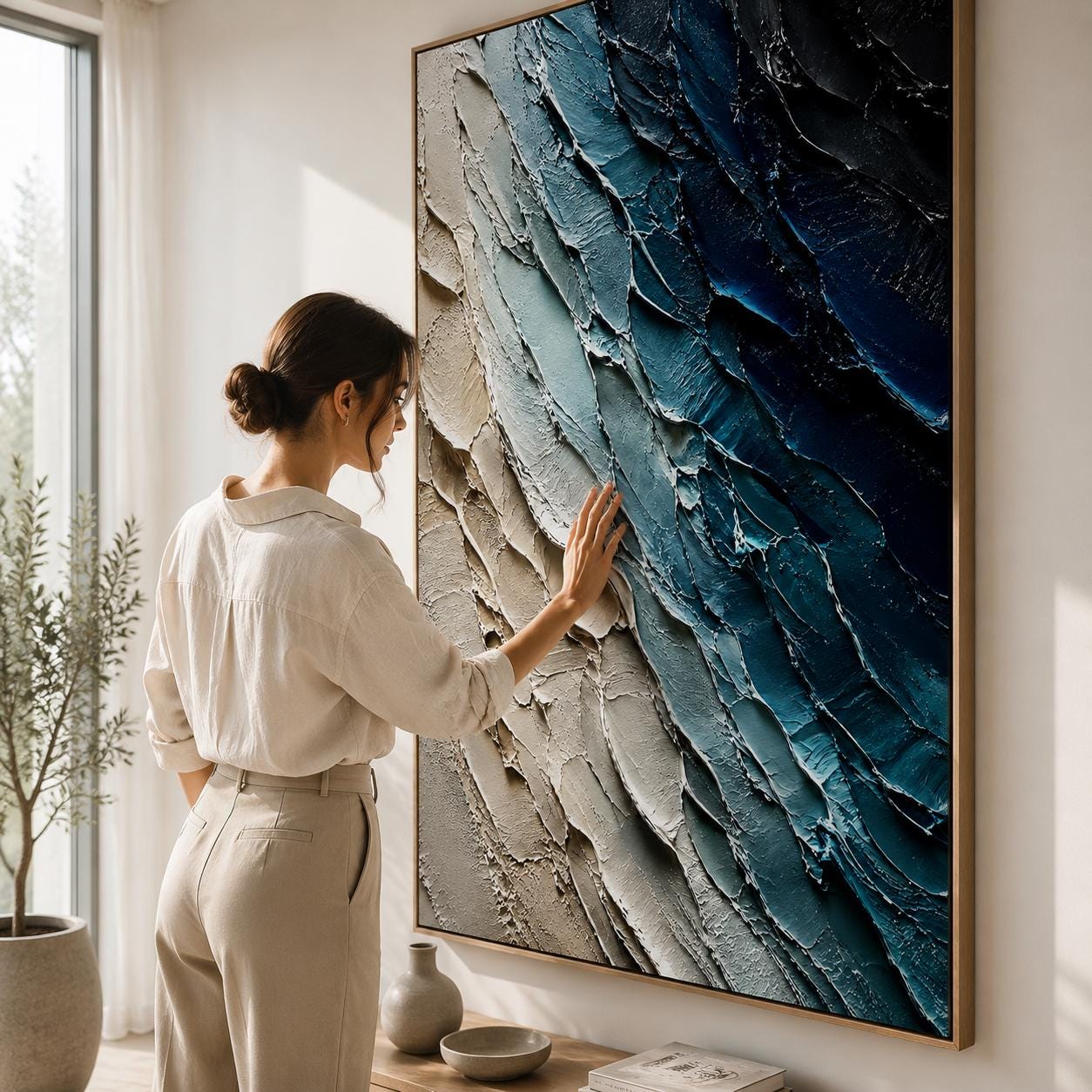 Textured Abstract Wall Art, Modern Blue & Beige Canvas Painting, Vertical Palette Knife Artwork