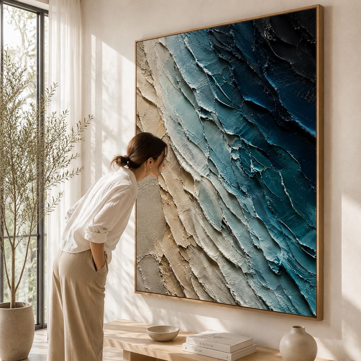 Textured Abstract Wall Art, Modern Blue & Beige Canvas Painting, Vertical Palette Knife Artwork