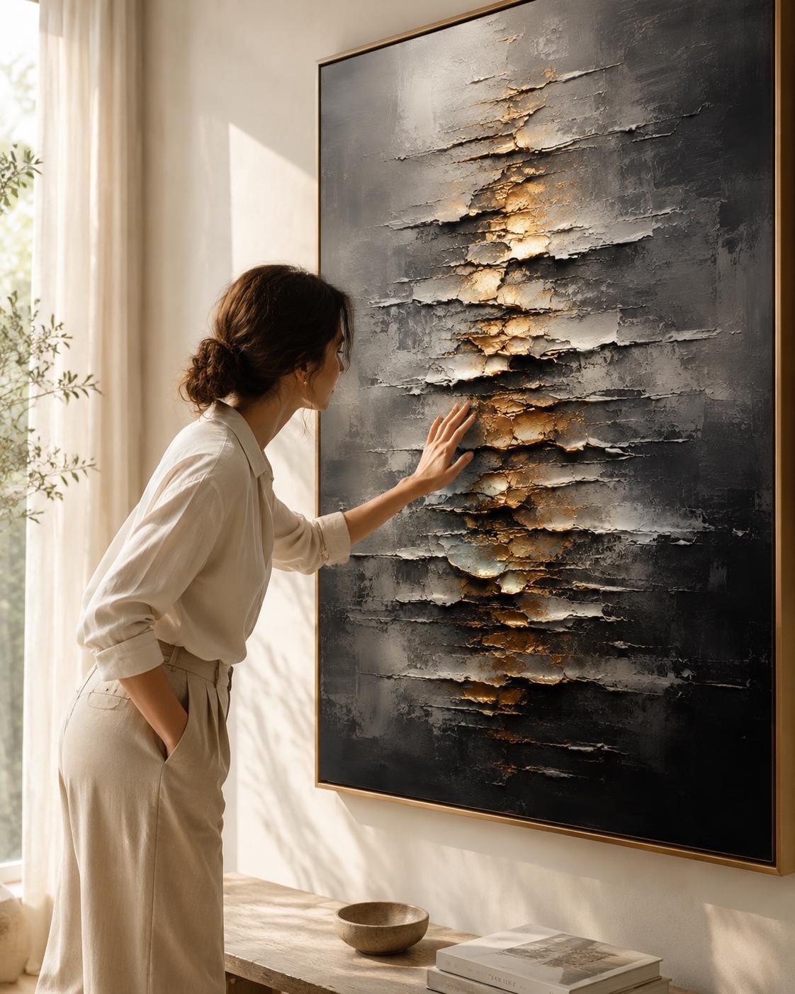 Textured Abstract Wall Art, Modern Black & Gold Canvas Painting, Vertical Contemporary Artwork
