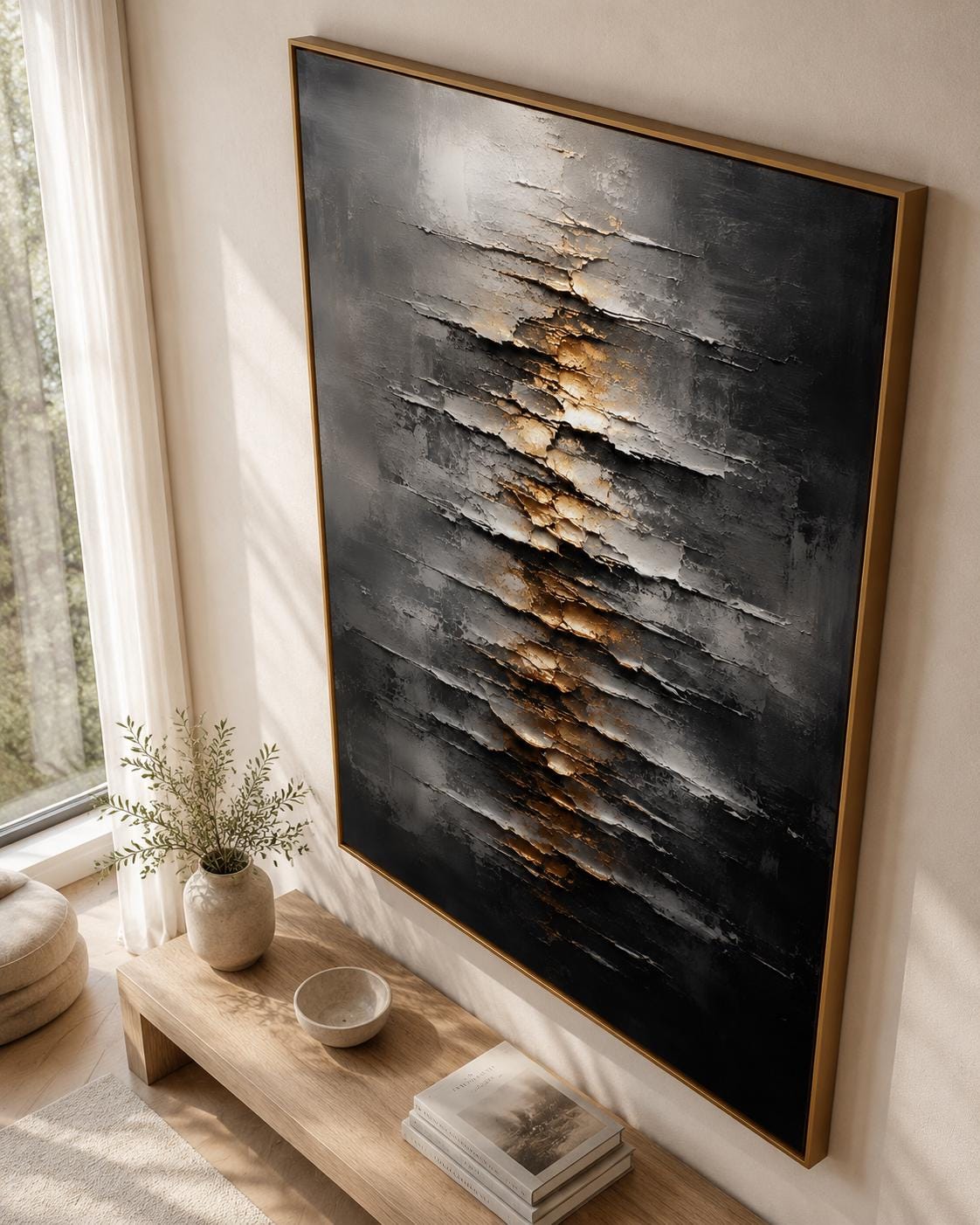 Textured Abstract Wall Art, Modern Black & Gold Canvas Painting, Vertical Contemporary Artwork