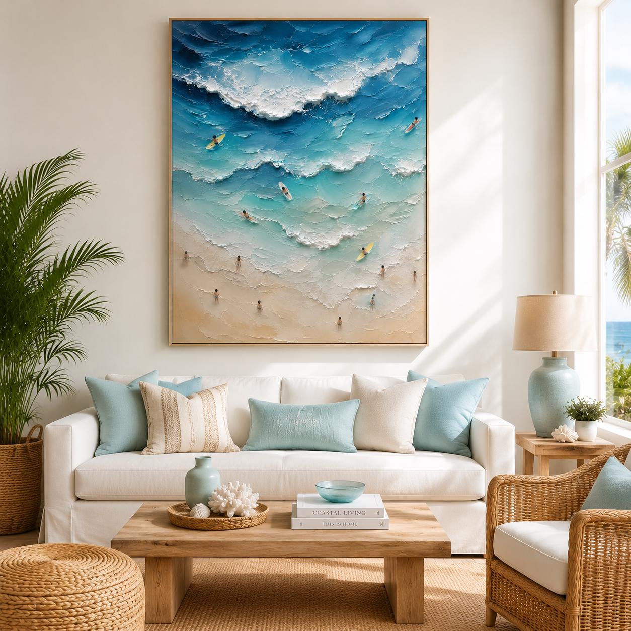 Textured Ocean Wave Wall Art, Modern Surfing Beach Canvas Painting, Horizontal Coastal Artwork