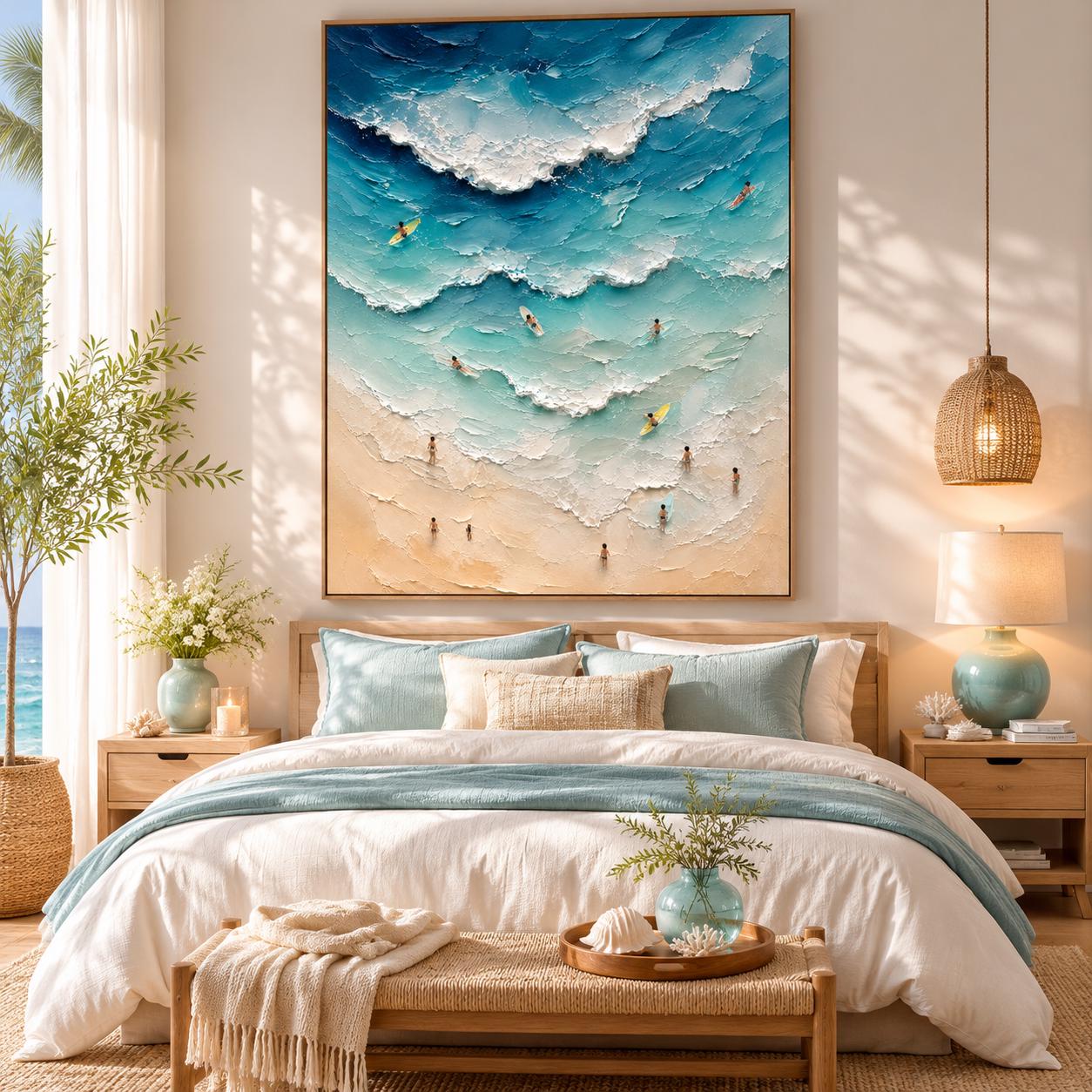 Textured Ocean Wave Wall Art, Modern Surfing Beach Canvas Painting, Horizontal Coastal Artwork