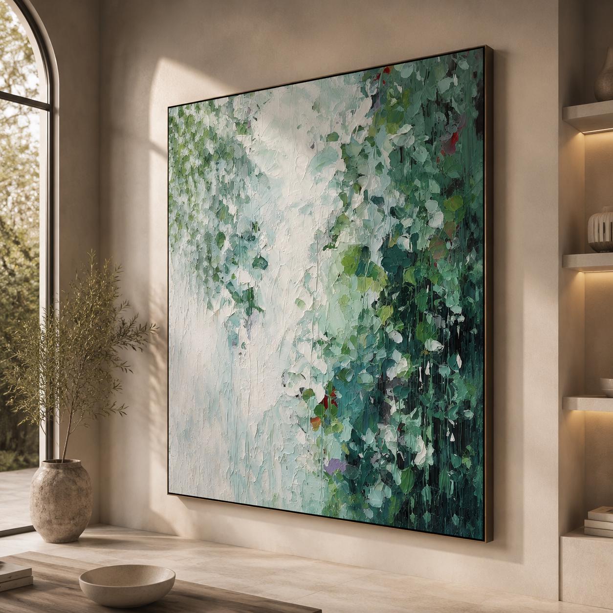 Textured Emerald Green Abstract Botanical Canvas Wall Art Mint Living Room