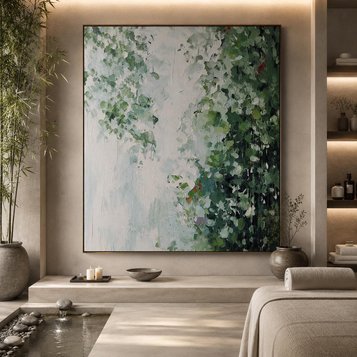 Textured Emerald Green Abstract Botanical Canvas Wall Art Mint Living Room