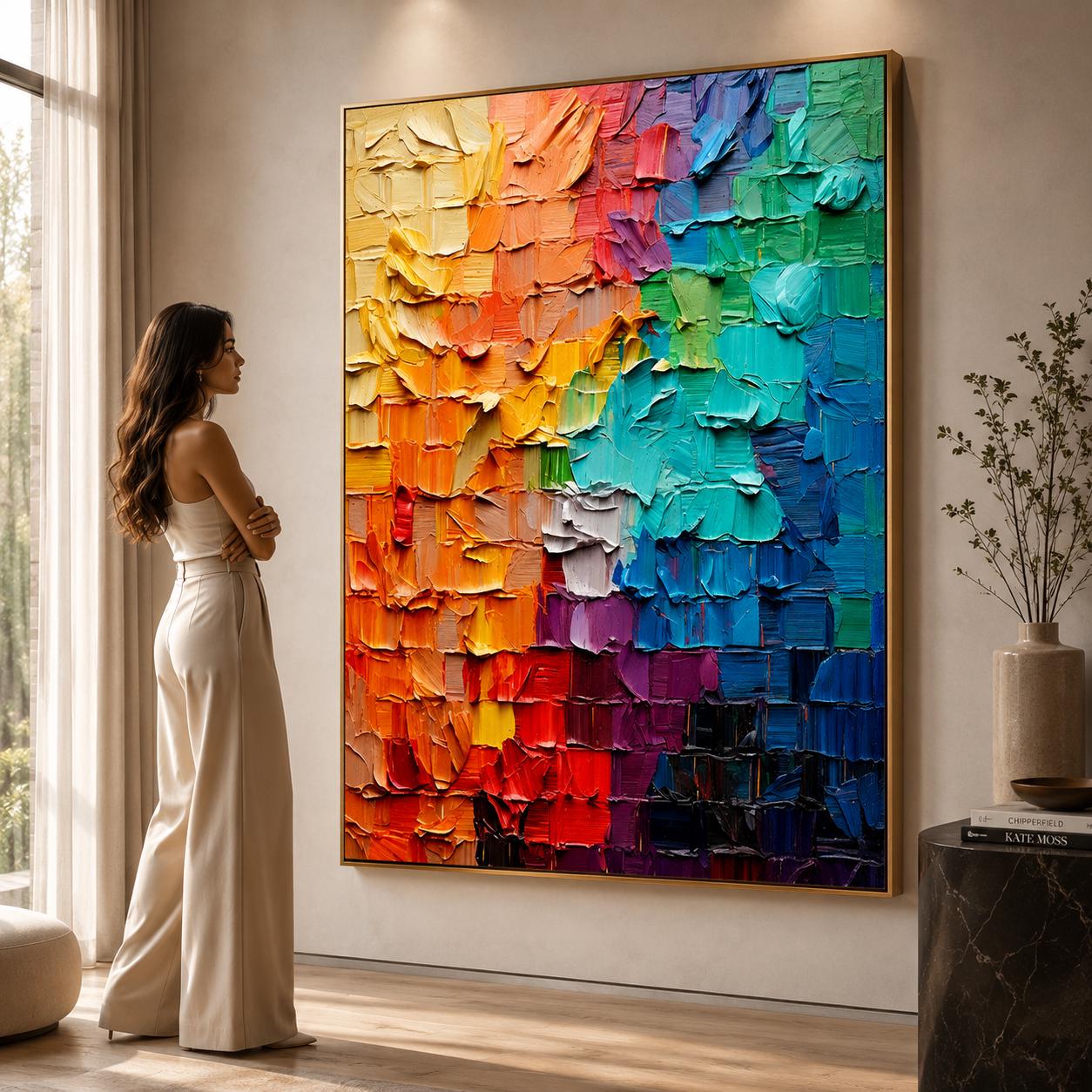Textured Abstract Painting, Rainbow Palette Knife Art, Impasto Canvas Wall Decor