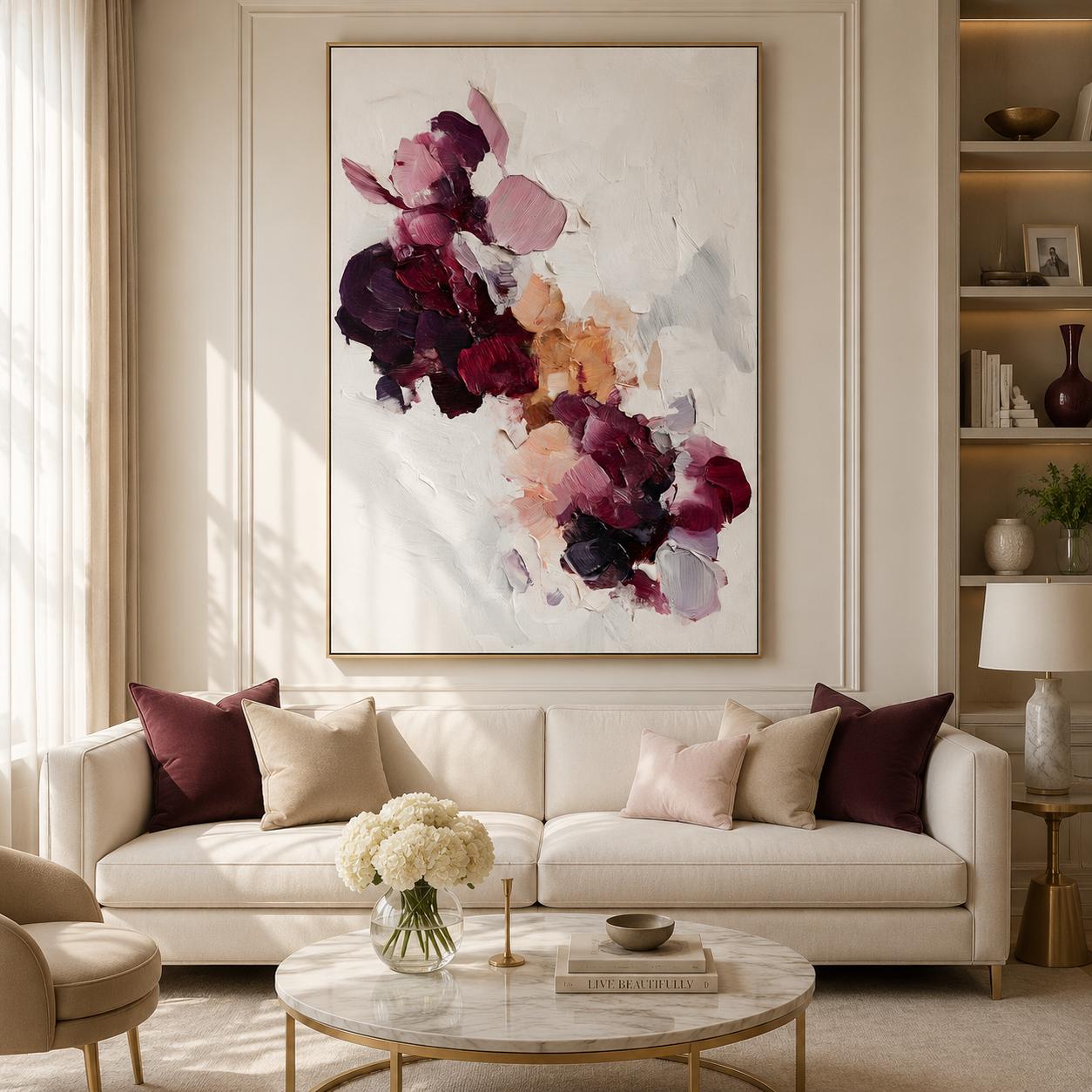 Textured Burgundy Floral Abstract Painting, Impasto Palette Knife Canvas Art