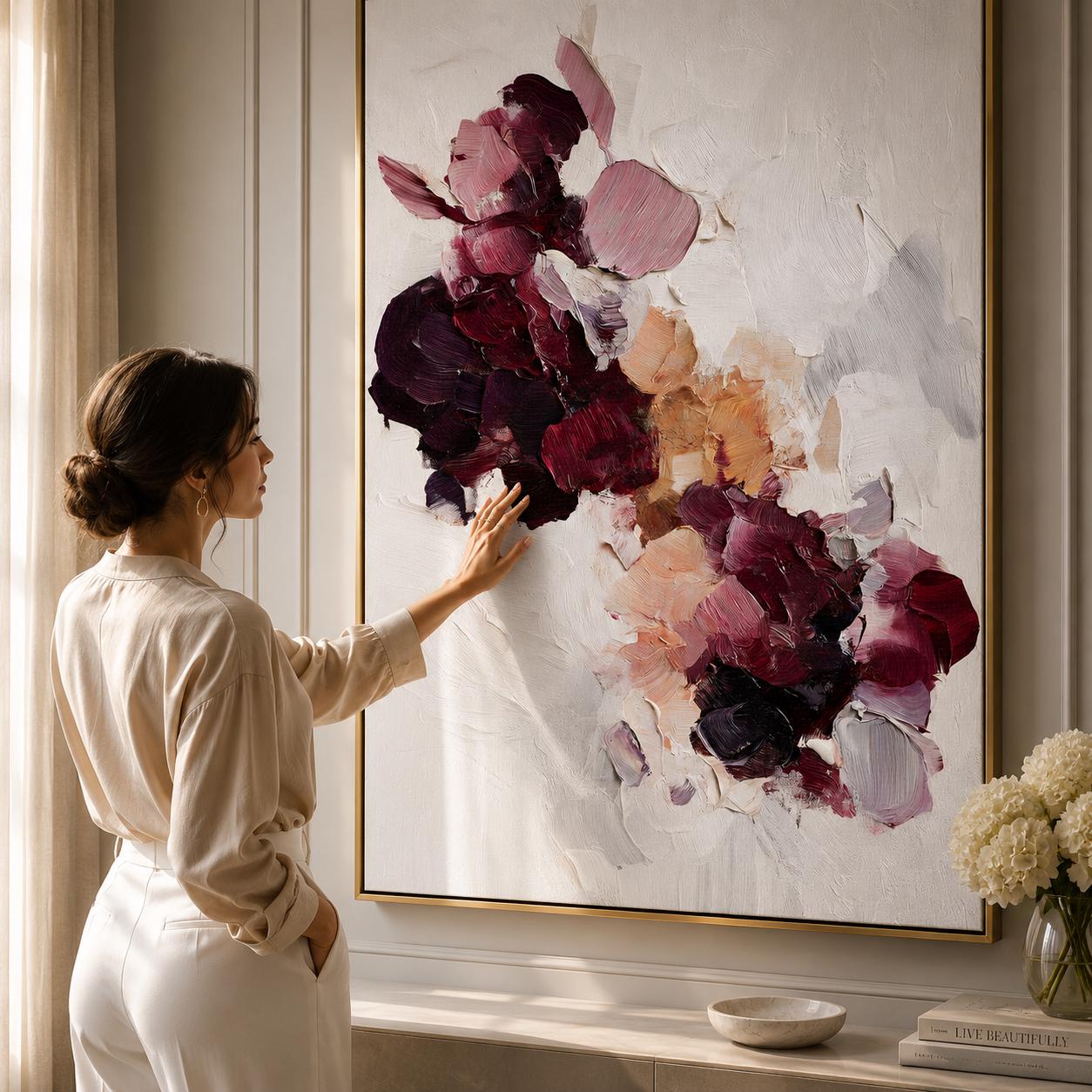 Textured Burgundy Floral Abstract Painting, Impasto Palette Knife Canvas Art