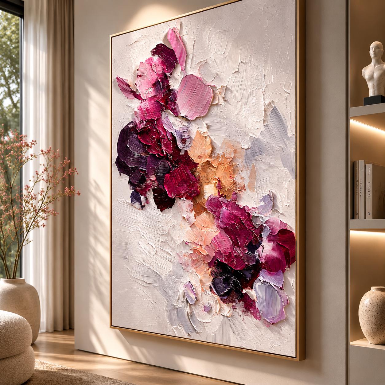 Textured Burgundy Floral Abstract Painting, Impasto Palette Knife Canvas Art