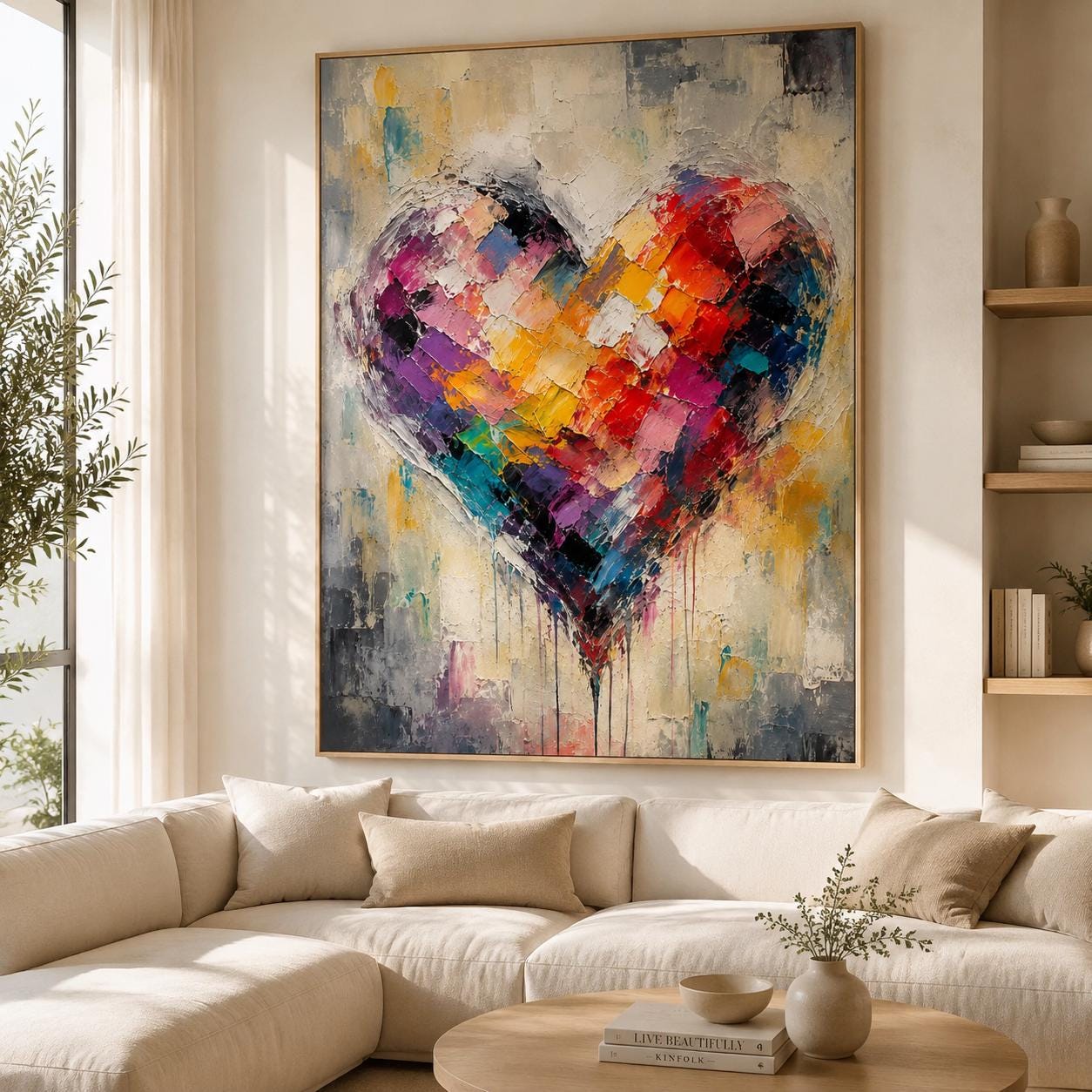 Colorful Heart Abstract Wall Art, Modern Palette Knife Canvas Painting, Vertical Vibrant Artwork