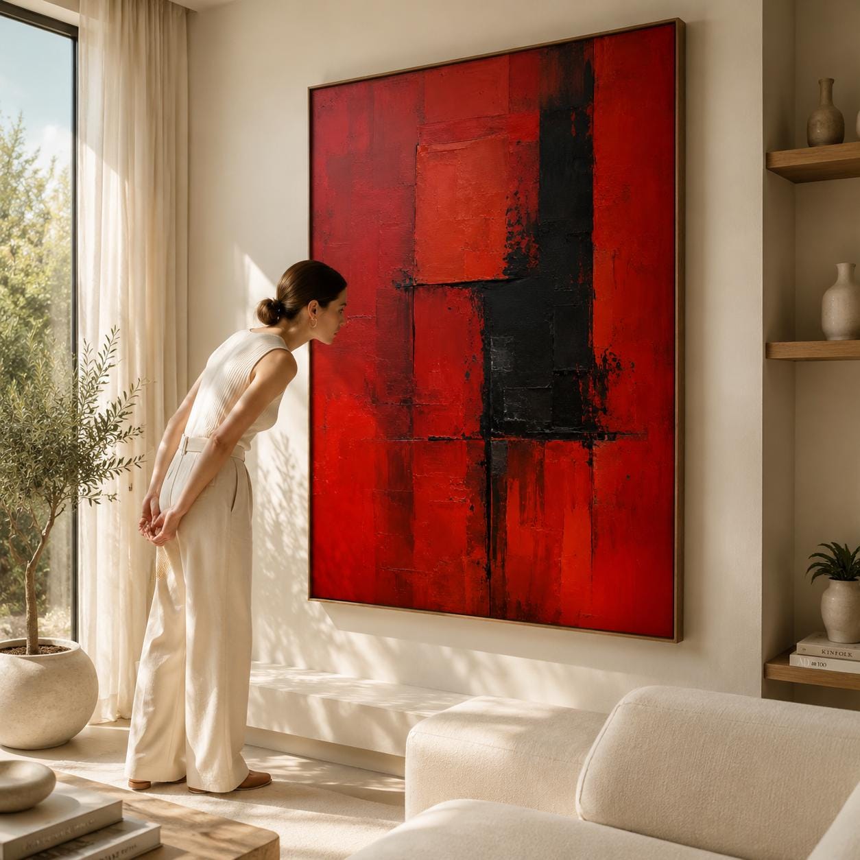 Bold Red & Black Abstract Wall Art, Modern Canvas Painting, Vertical Contemporary Artwork