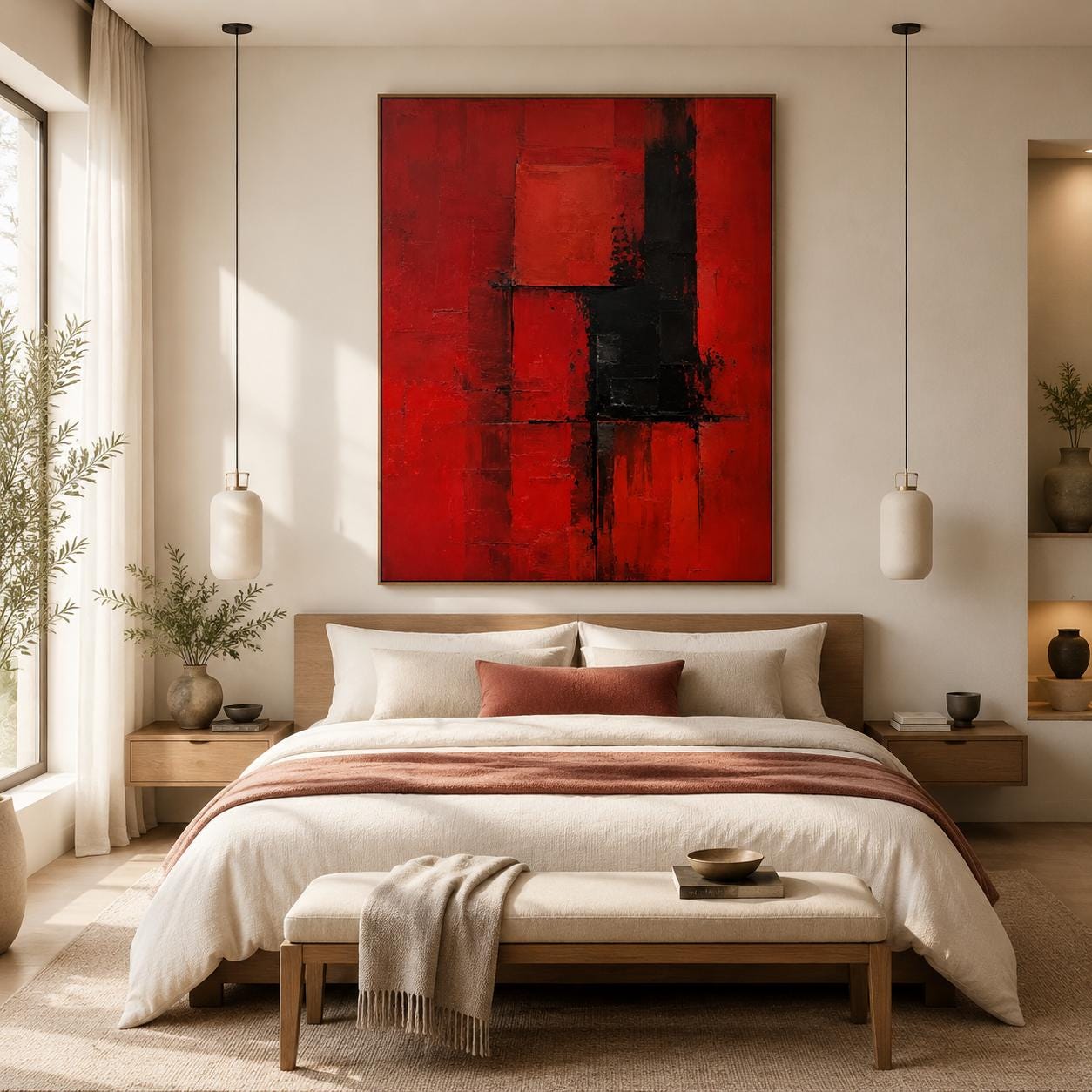 Bold Red & Black Abstract Wall Art, Modern Canvas Painting, Vertical Contemporary Artwork