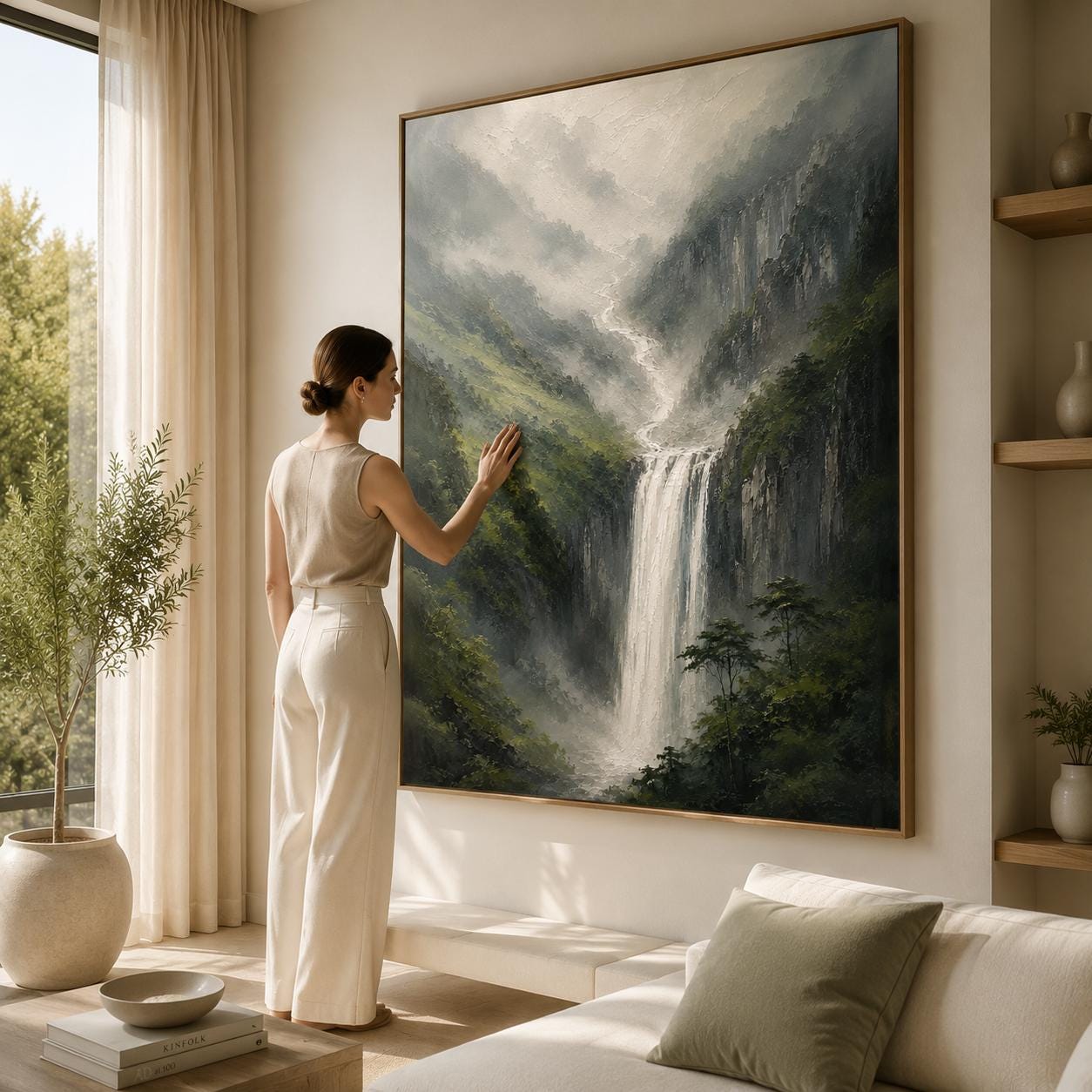 Waterfall Landscape Wall Art, Misty Mountain Canvas Painting, Vertical Nature Artwork